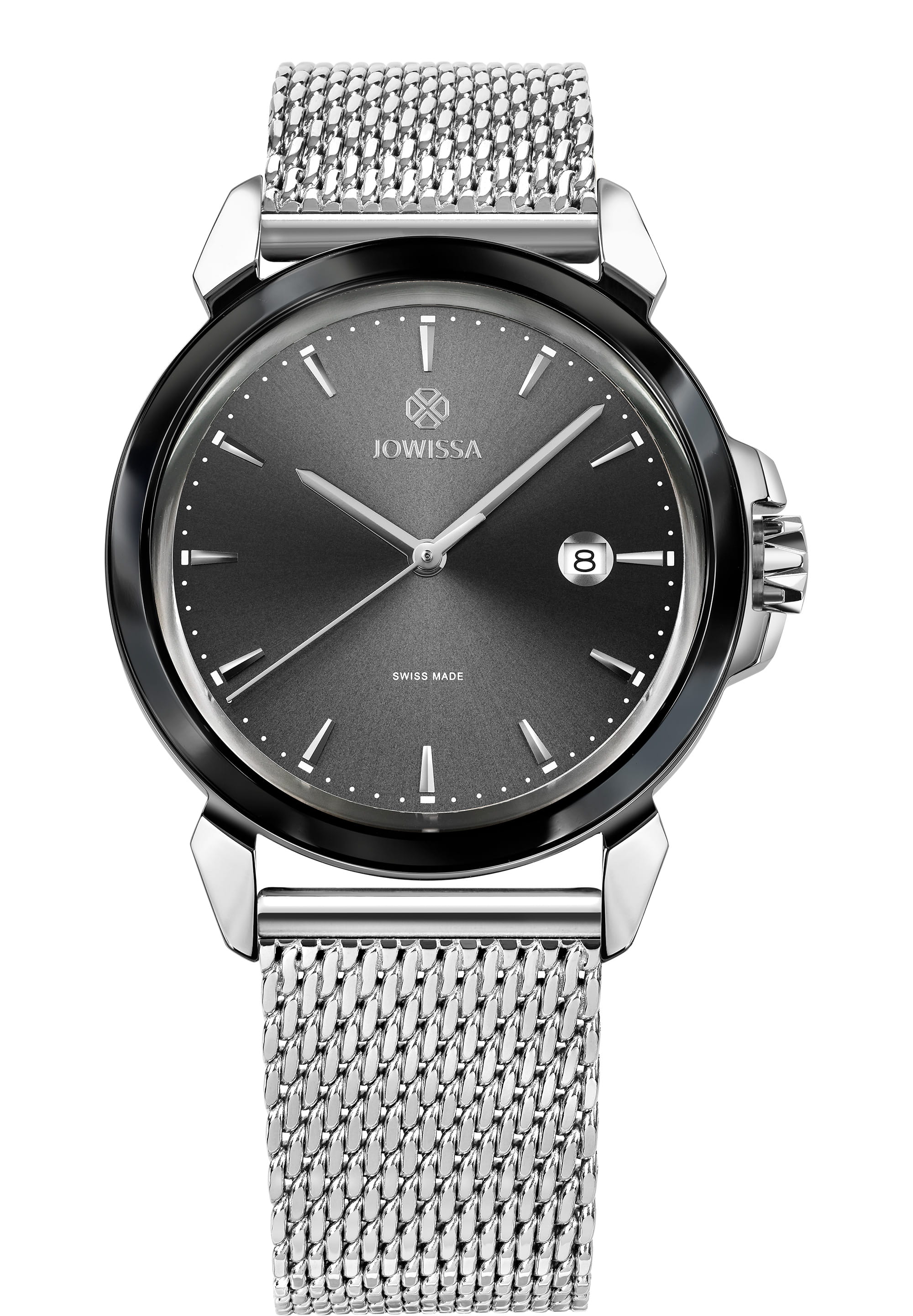 LeWy 3 Swiss Men's Watch J4.465.L featuring a black sunray dial and stainless steel mesh band, showcasing its elegant design and craftsmanship.