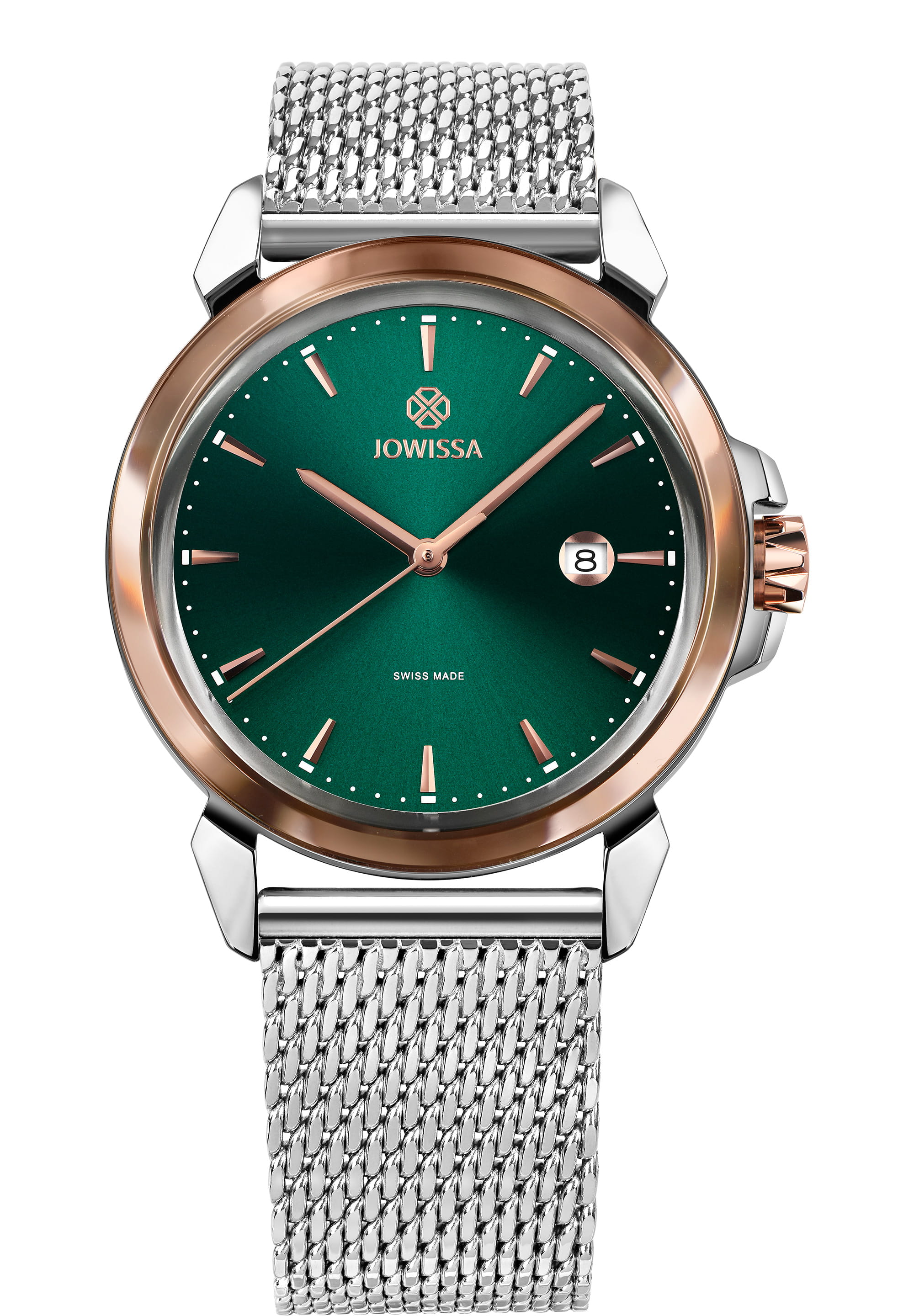 LeWy 3 Swiss Men's Watch J4.467.L featuring a green dial, rose-gold details, and a stainless steel mesh band.