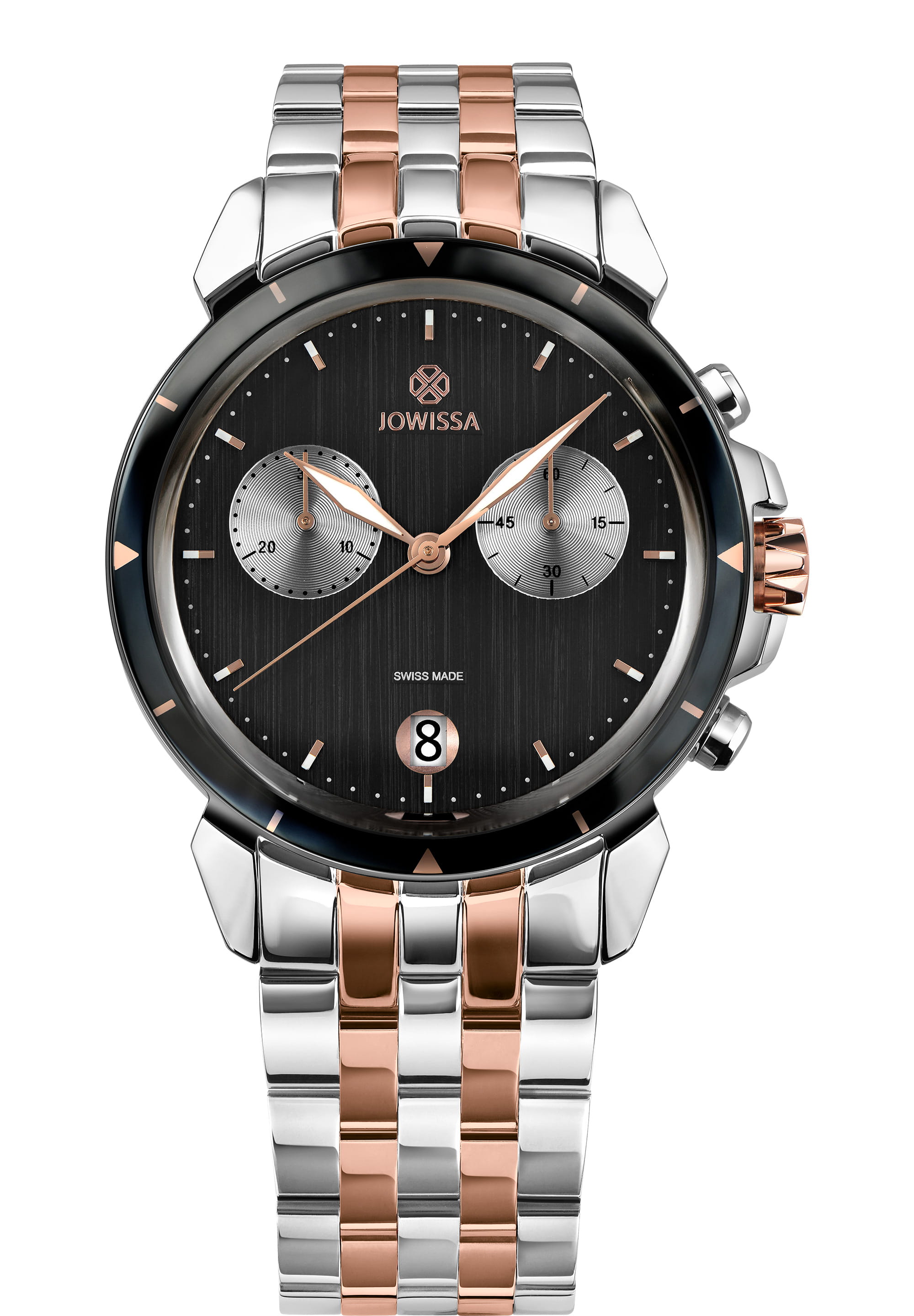 LeWy 6 Swiss Men's Watch J7.021.L featuring a black dial, rose-gold accents, and stainless steel bracelet.