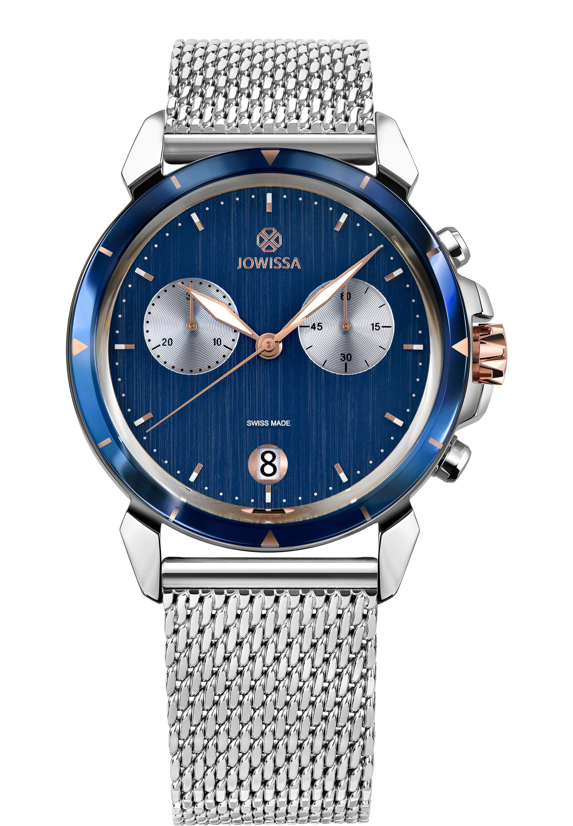 LeWy 6 Swiss Men's Watch J7.138.L featuring a blue dial, stainless steel case, and mesh band.