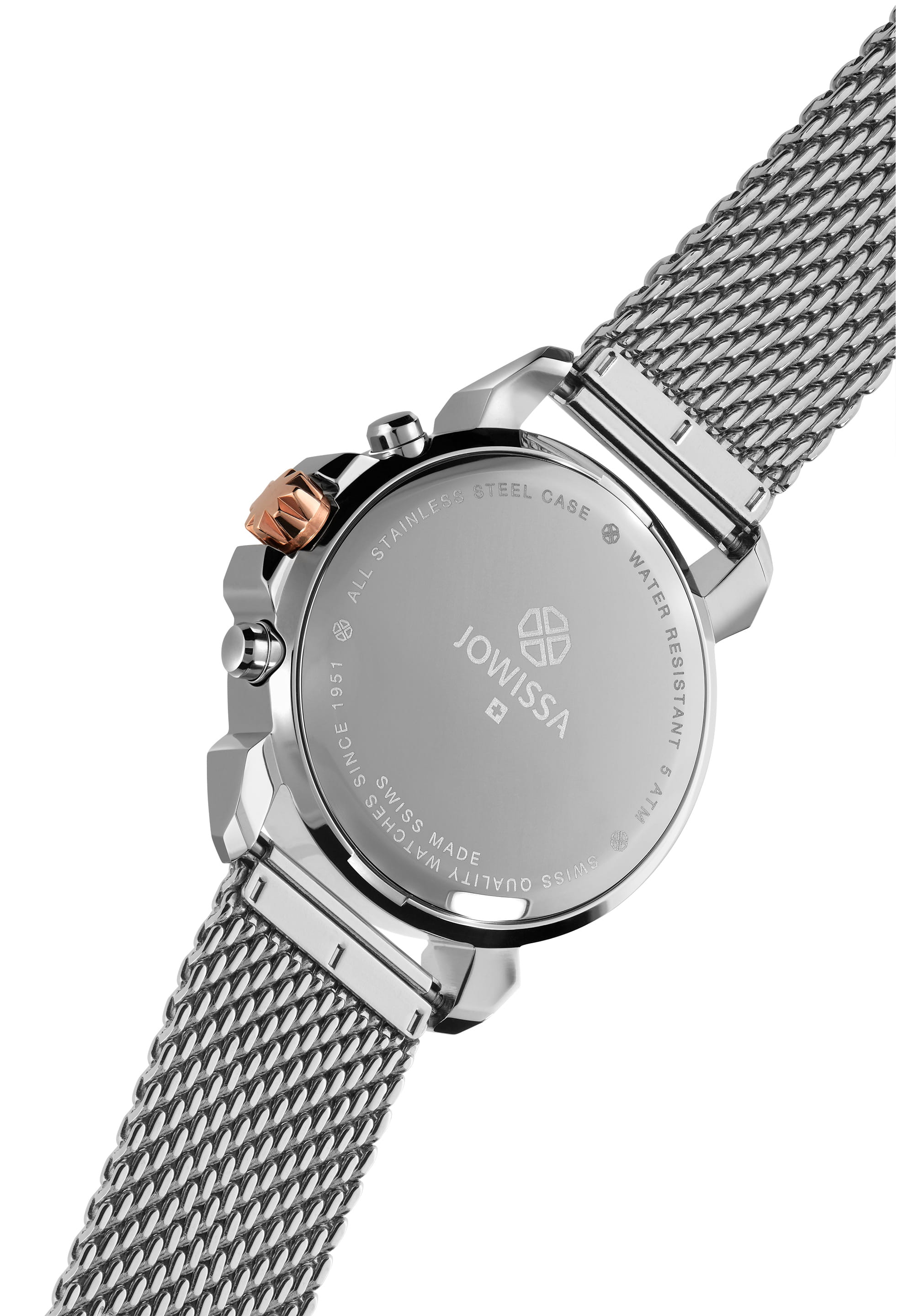 LeWy 6 Swiss Men's Watch J7.139.L featuring a white slate-look dial and silver mesh strap, showcasing its elegant design and precision.