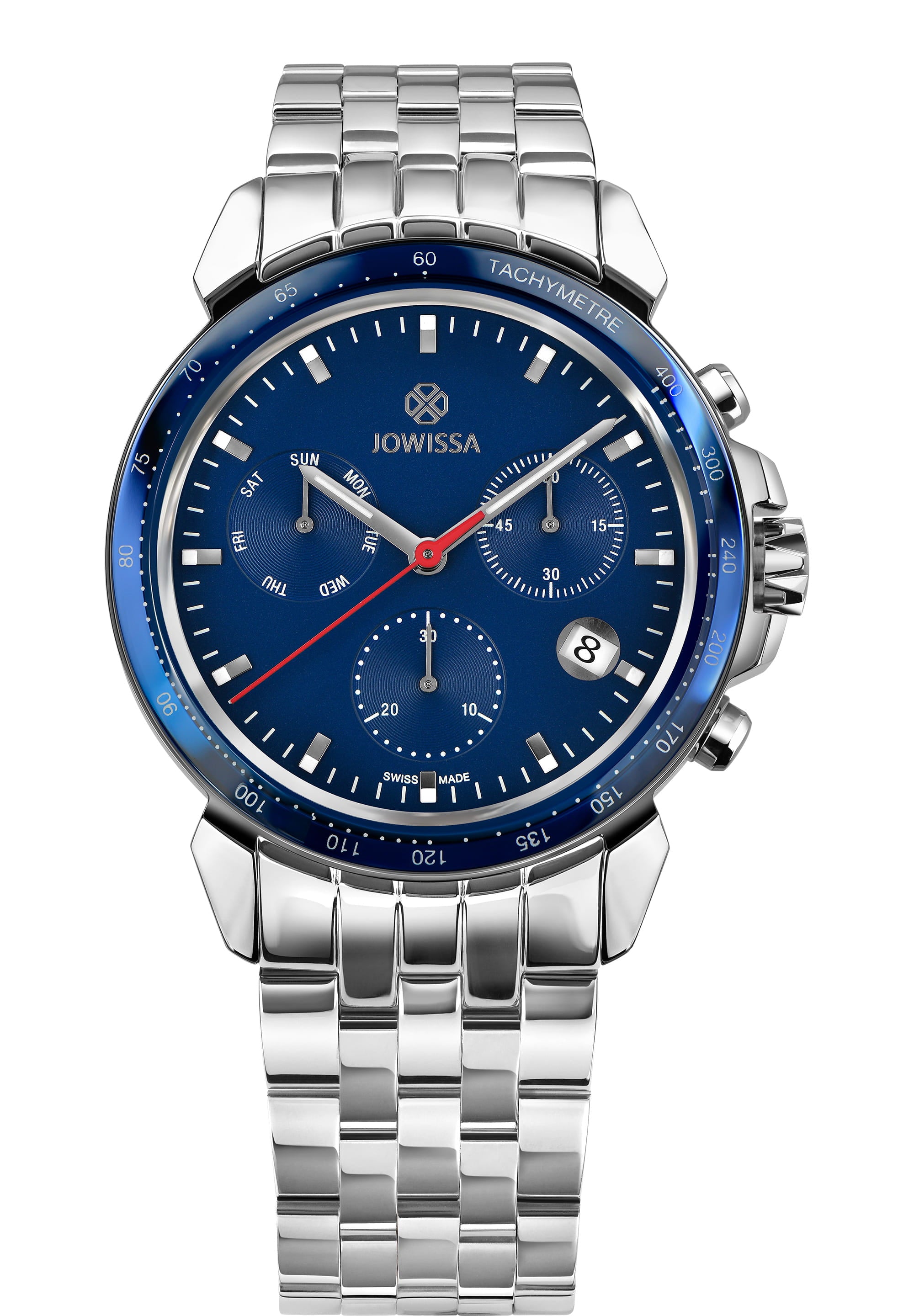 LeWy 9 Swiss Men's Watch J7.038.L featuring a sapphire blue dial, polished stainless steel bracelet, and chronograph functions.