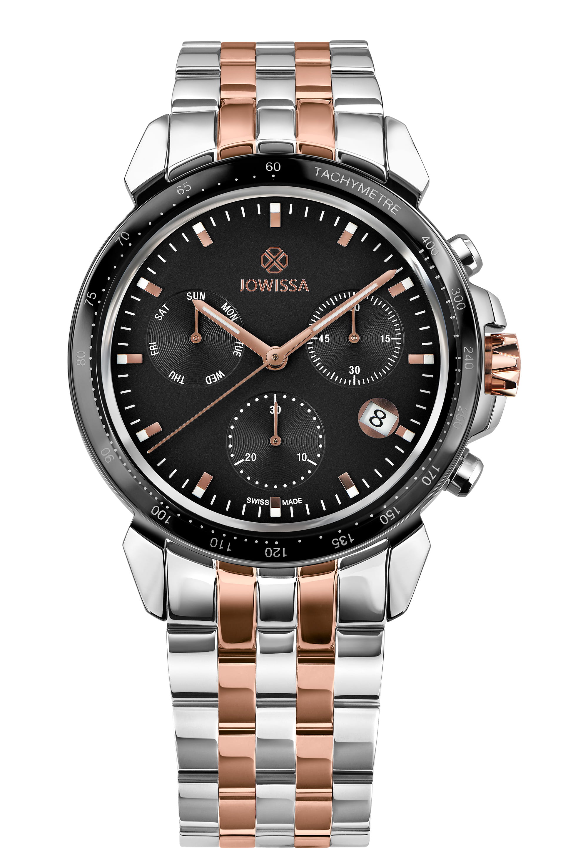 LeWy 9 Swiss Men's Watch J7.039.L featuring a black dial, rose-gold accents, and a stainless steel bracelet.