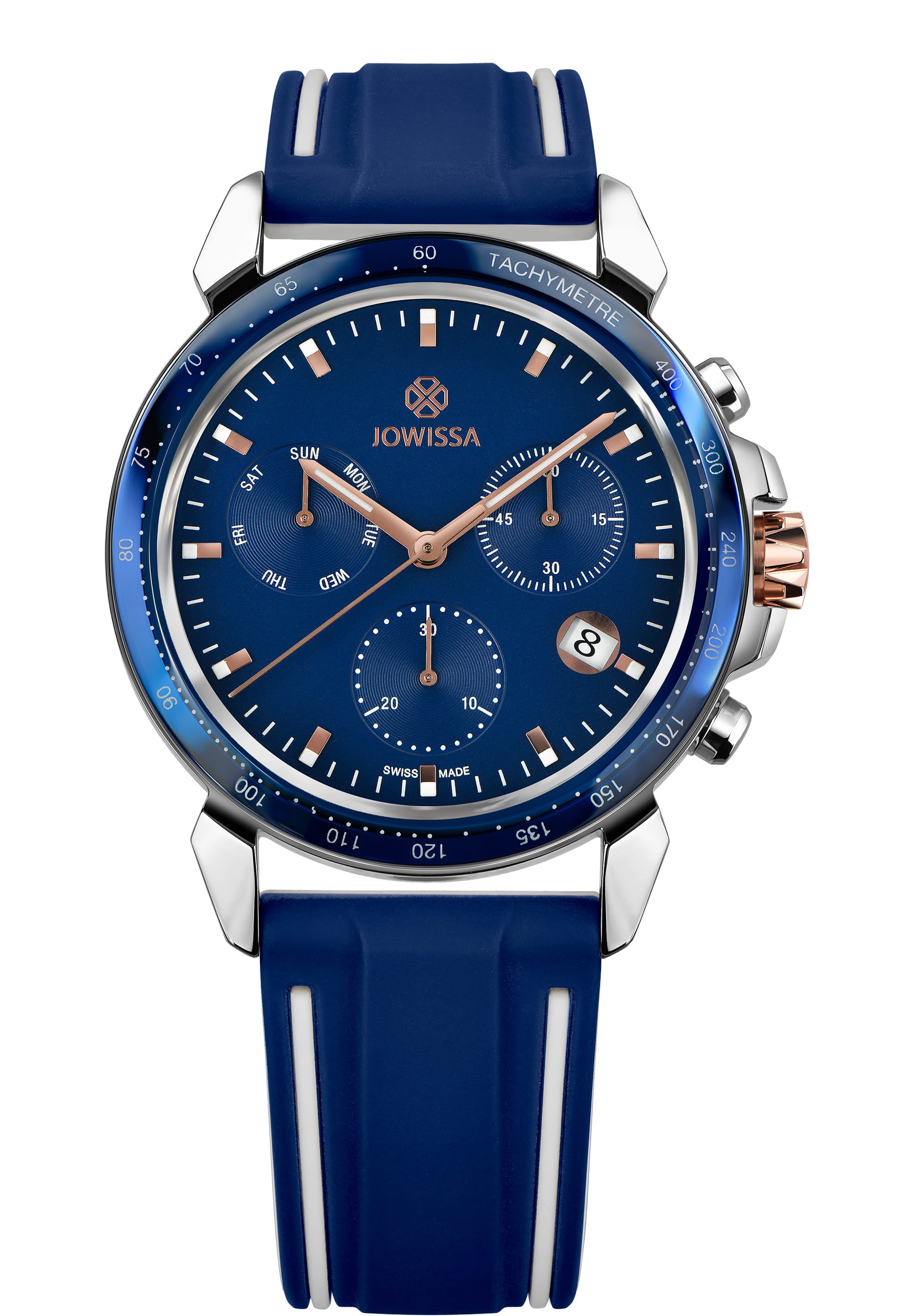 LeWy 9 Swiss Men's Watch J7.105.L featuring a blue chronograph dial, stainless steel case, and blue silicone strap.