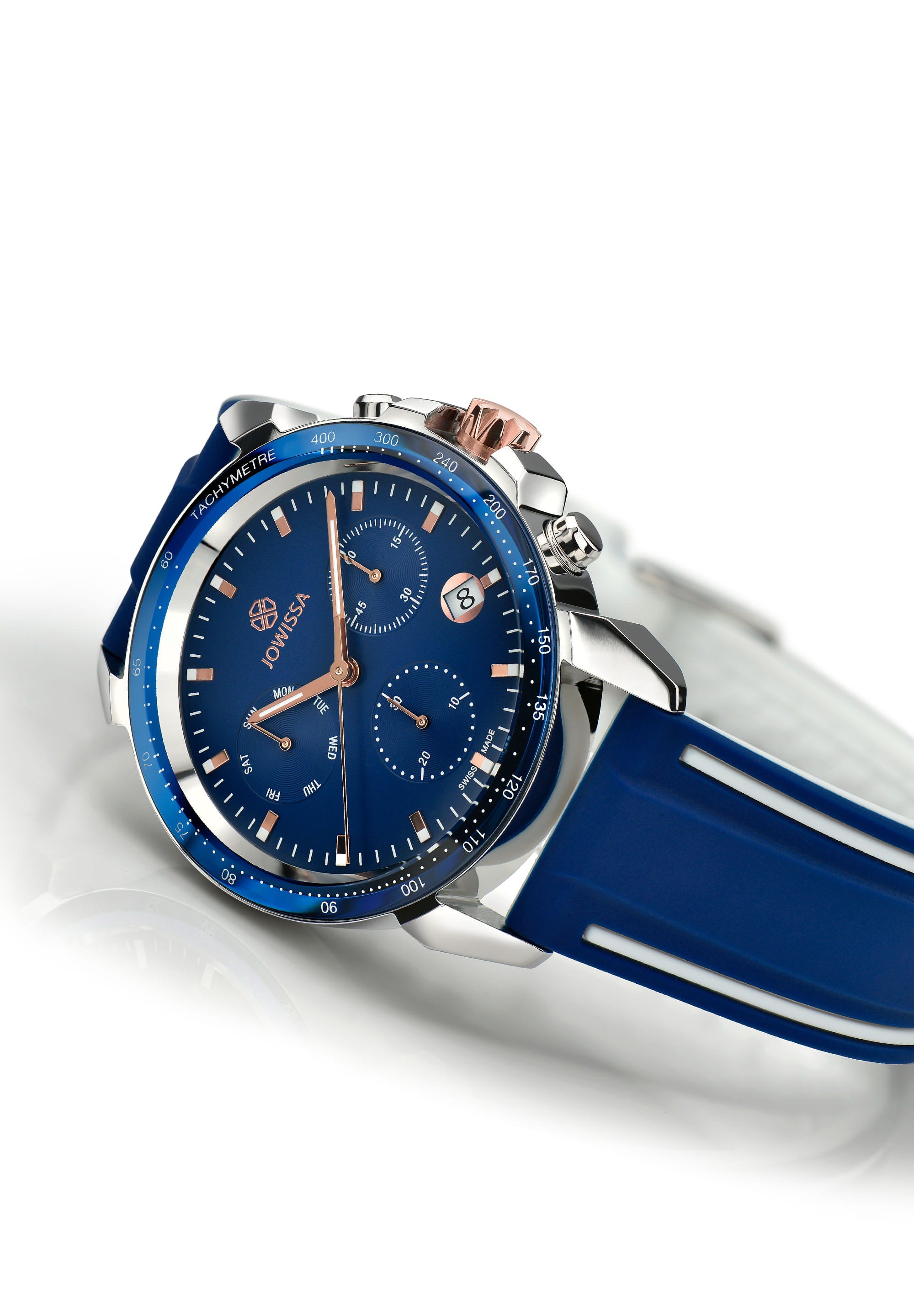 LeWy 9 Swiss Men's Watch J7.105.L featuring a blue chronograph dial, stainless steel case, and blue silicone strap.