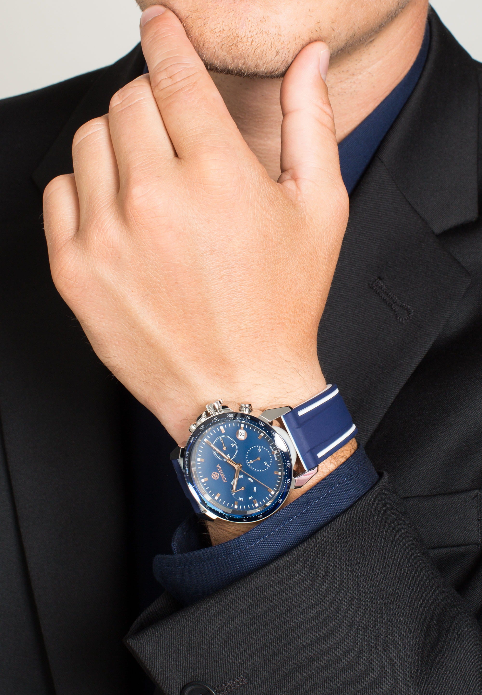 LeWy 9 Swiss Men's Watch J7.105.L featuring a blue chronograph dial, stainless steel case, and blue silicone strap.