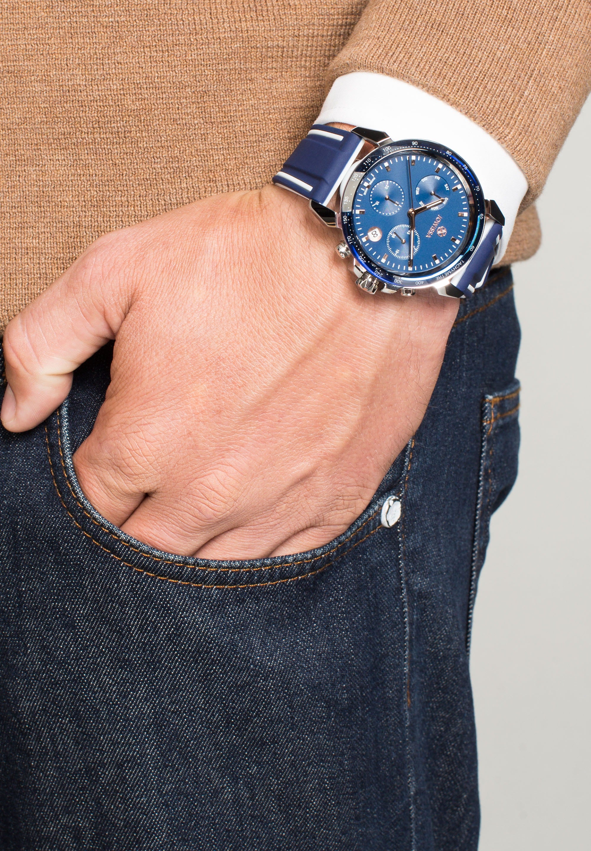 LeWy 9 Swiss Men's Watch J7.105.L featuring a blue chronograph dial, stainless steel case, and blue silicone strap.