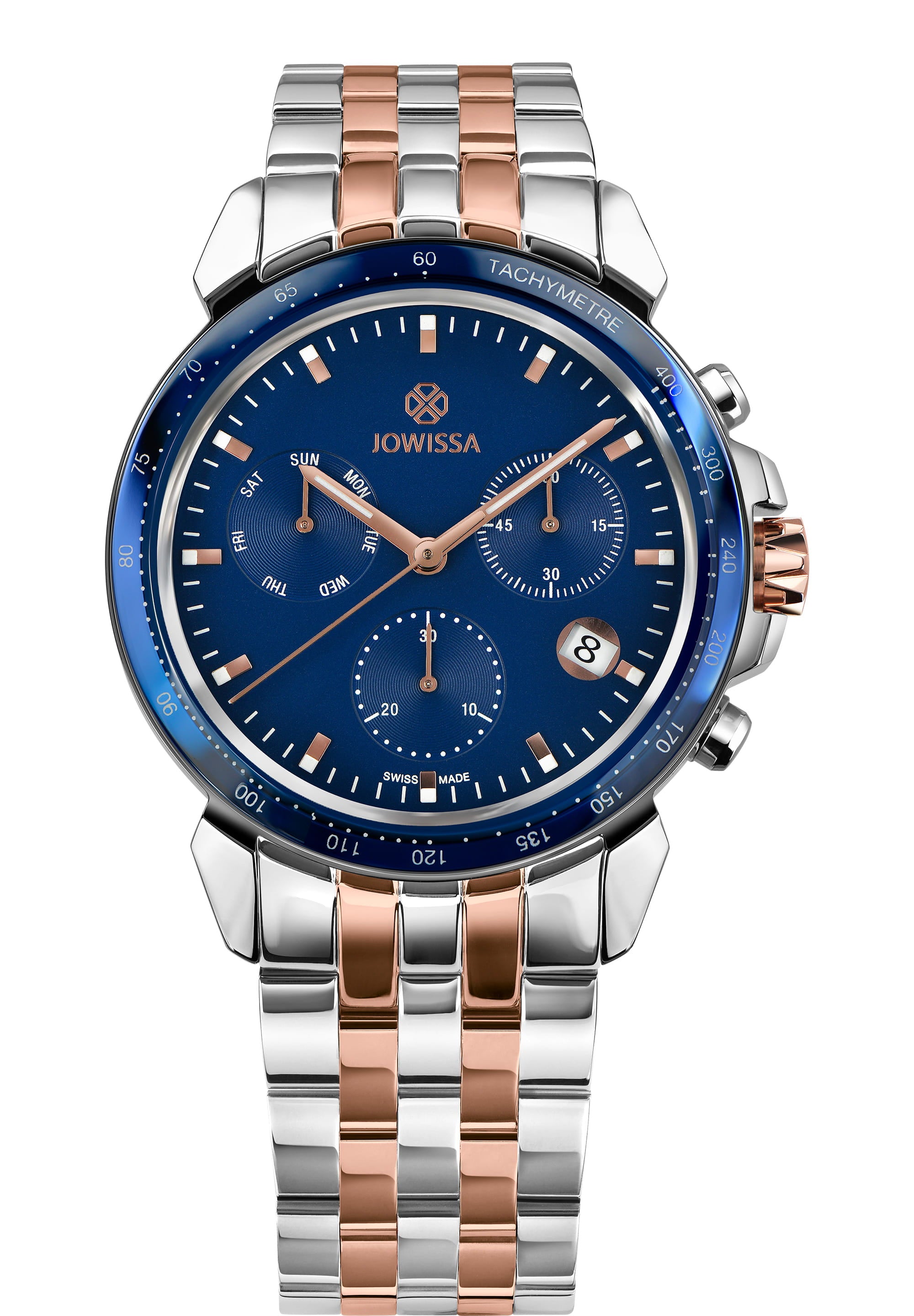 LeWy 9 Swiss Men's Watch J7.121.L featuring a blue dial, stainless steel case, and rose-gold accents, perfect for casual and formal occasions.