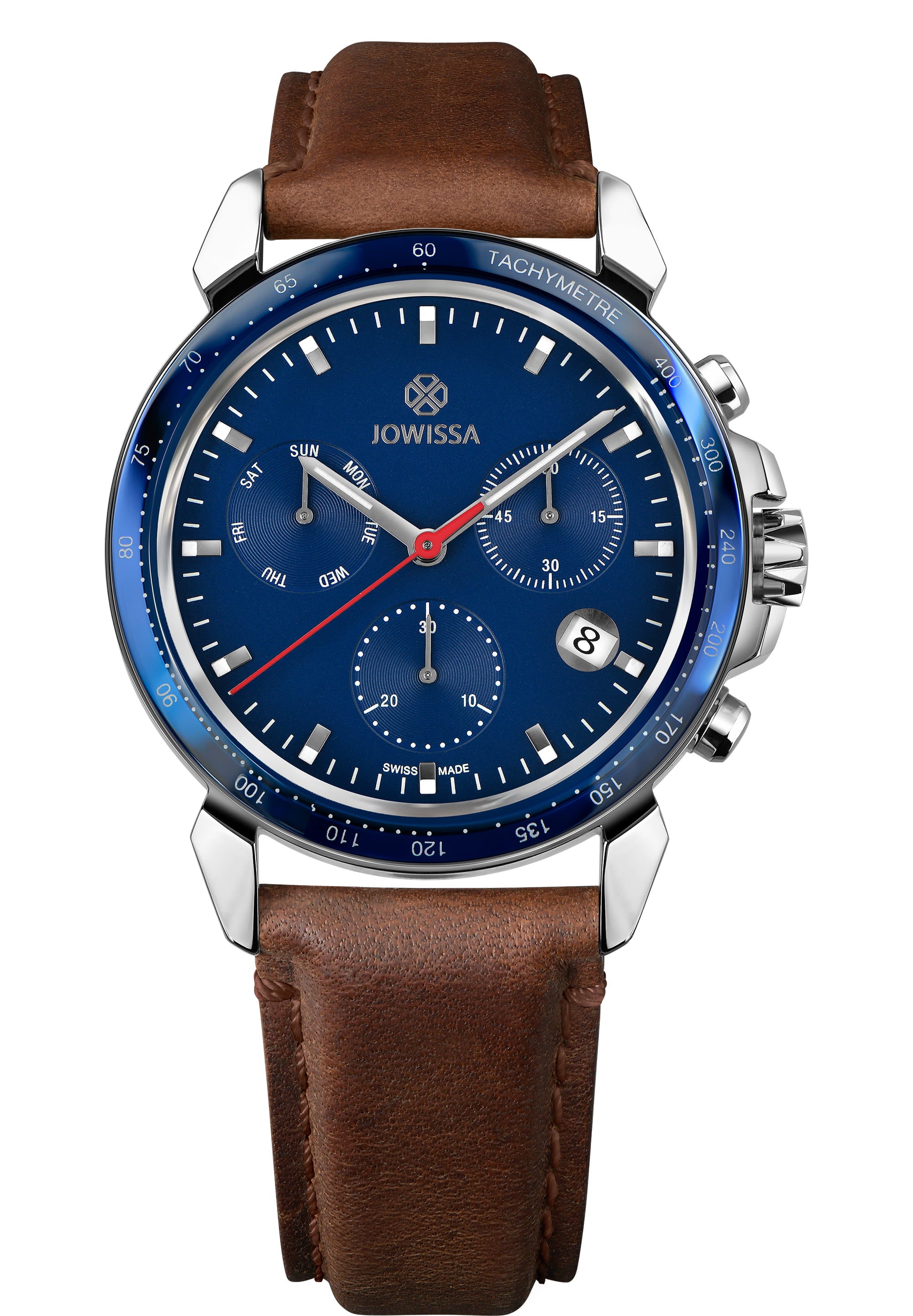 LeWy 9 Swiss Men's Watch J7.126.L featuring a blue dial, stainless steel case, and brown leather strap, showcasing its elegant design.