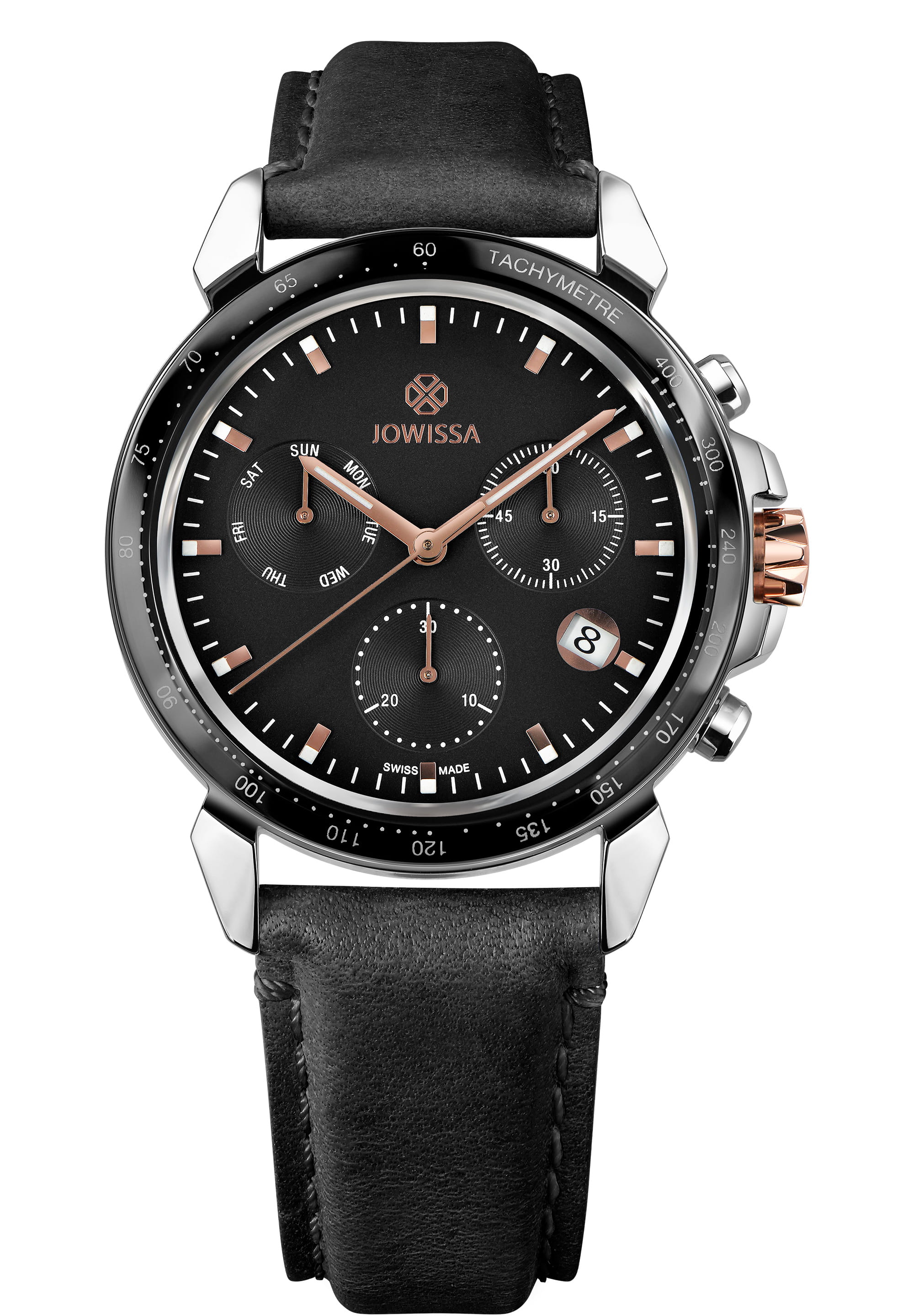 LeWy 9 Swiss Men's Watch J7.128.L featuring a black dial, rose gold accents, and a black leather strap, showcasing its modern design and robust chronograph features.