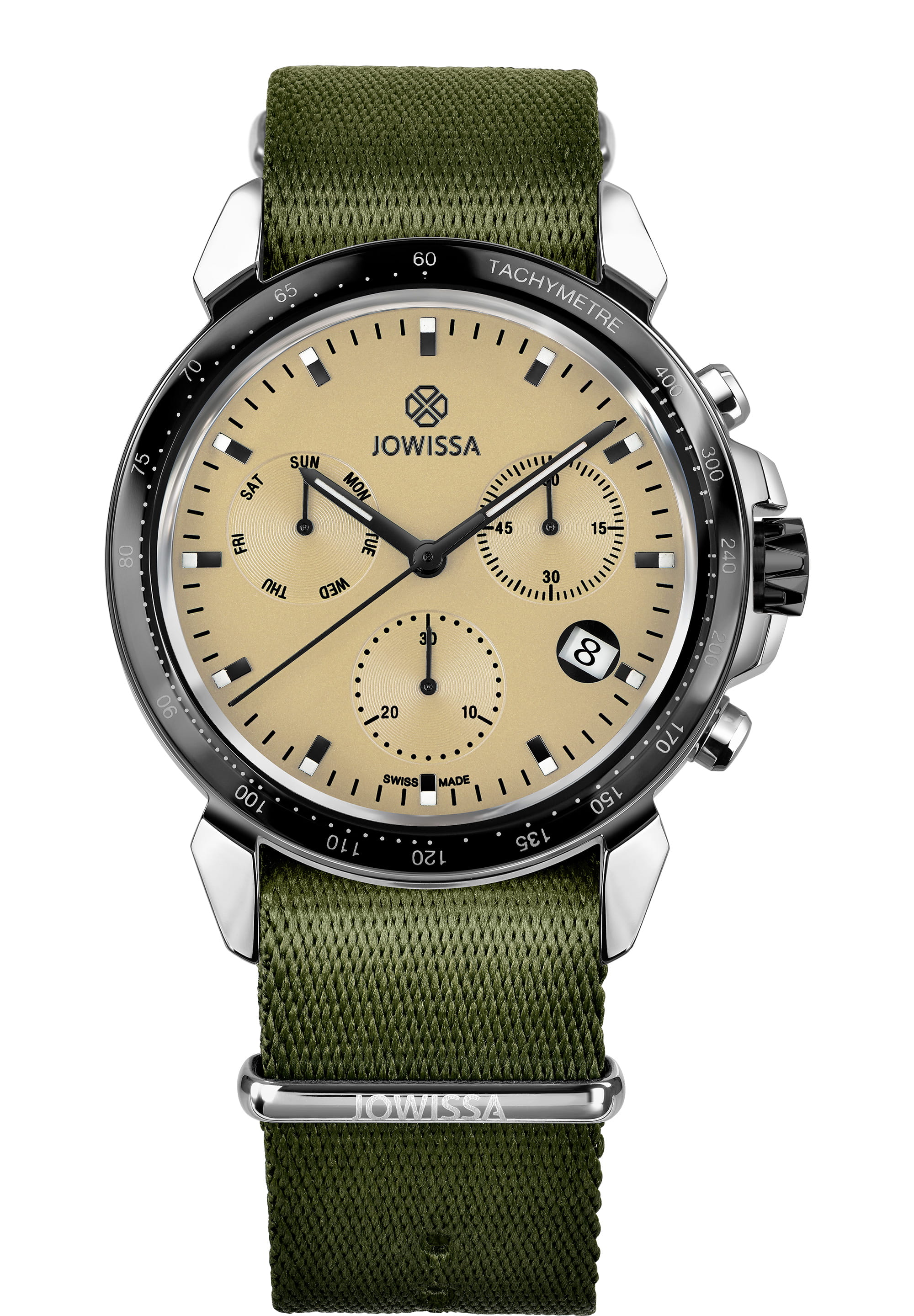 LeWy 9 Swiss Men's Watch J7.134.L featuring olive green NATO strap and sand-color dial with luminescent hands.