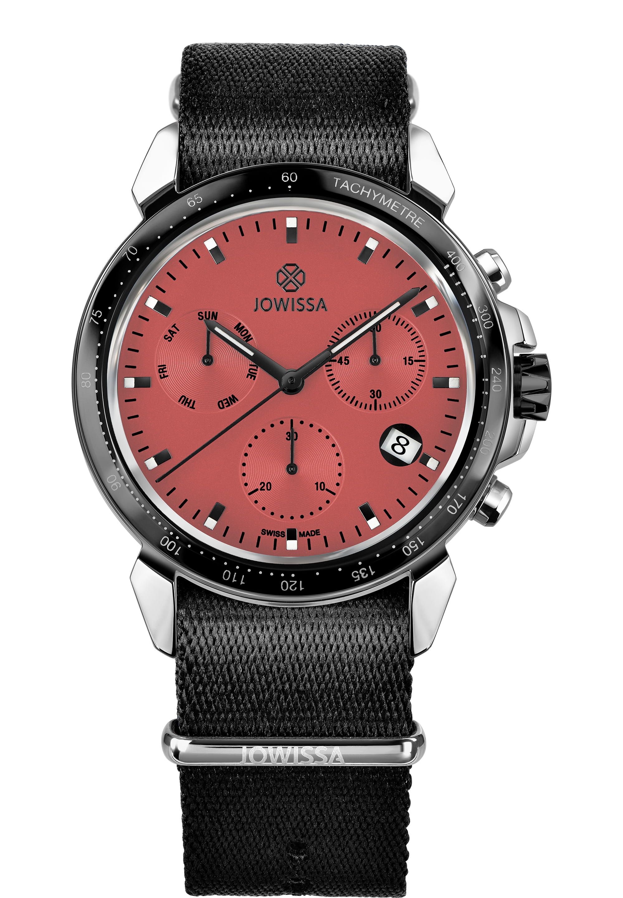 LeWy 9 Swiss Men's Watch J7.135.L featuring a bold red dial, stainless steel case, and black NATO strap, showcasing its masculine design.