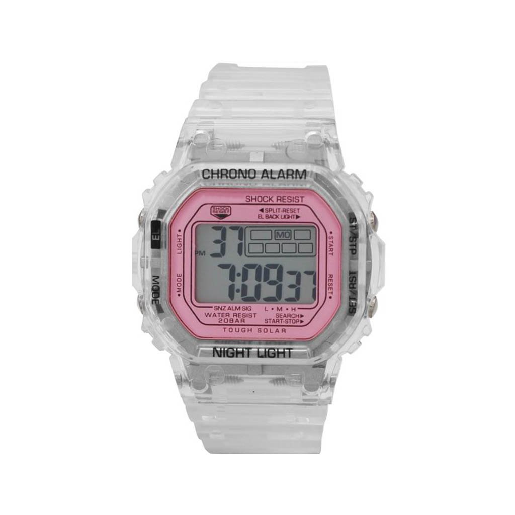 Longoria Smokey Transparent LCD Watch featuring a hot pink face and a transparent/silver case with a silicon band.