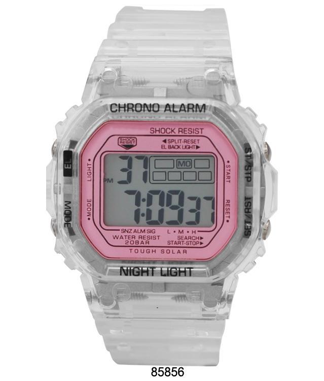 Longoria Smokey Transparent LCD Watch featuring a hot pink face and a transparent/silver case with a silicon band.