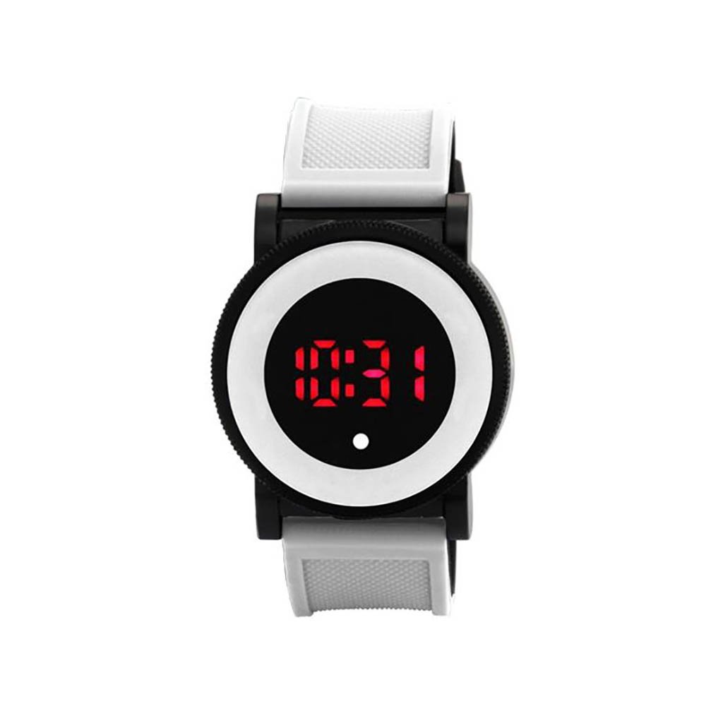 Lubbock LED Touch Screen Watch with white rubber strap and alloy case, showcasing a modern design.