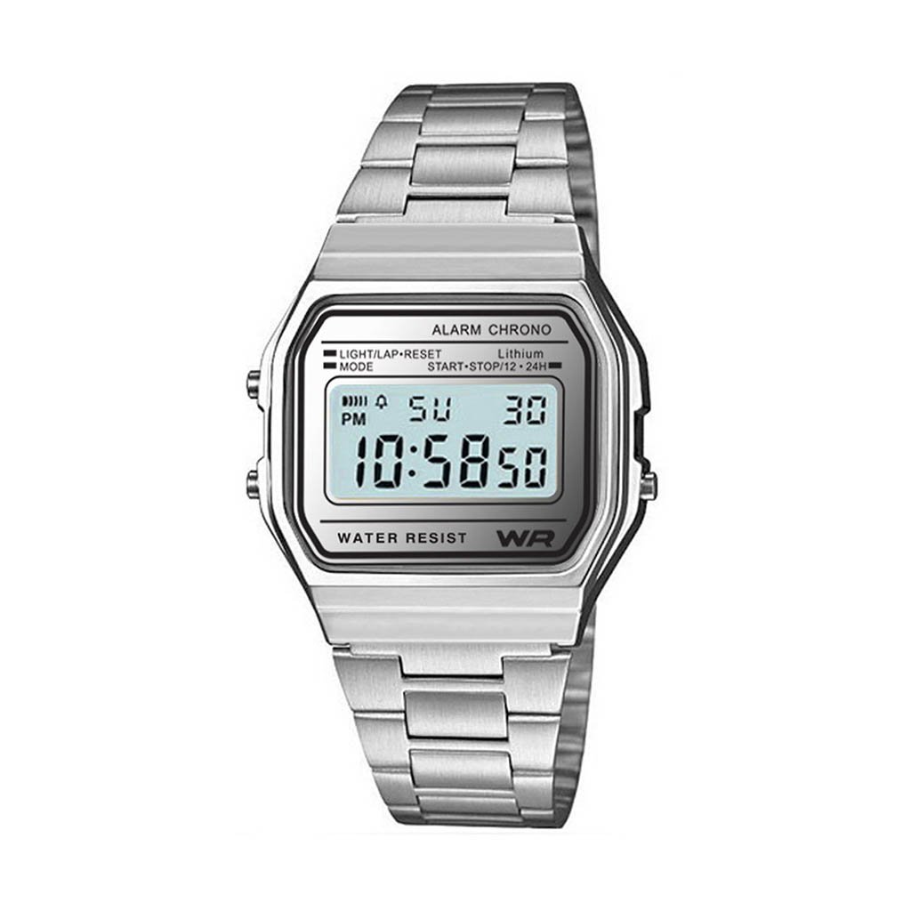 Ludington Silver Sports Metal Band Watch with LCD display and stainless steel band.