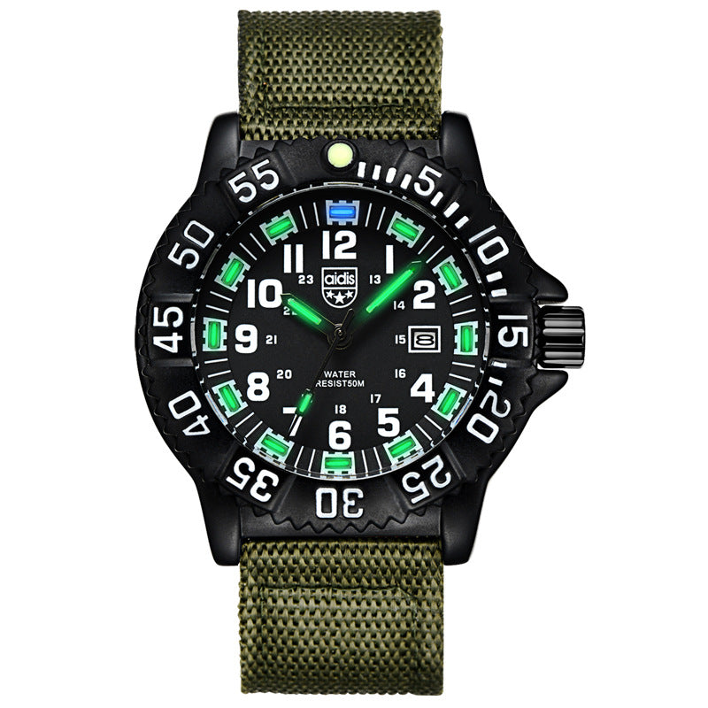 Luminous Outdoor Sports Watch featuring a canvas strap, round dial, and stainless steel pin buckle, designed for outdoor activities.