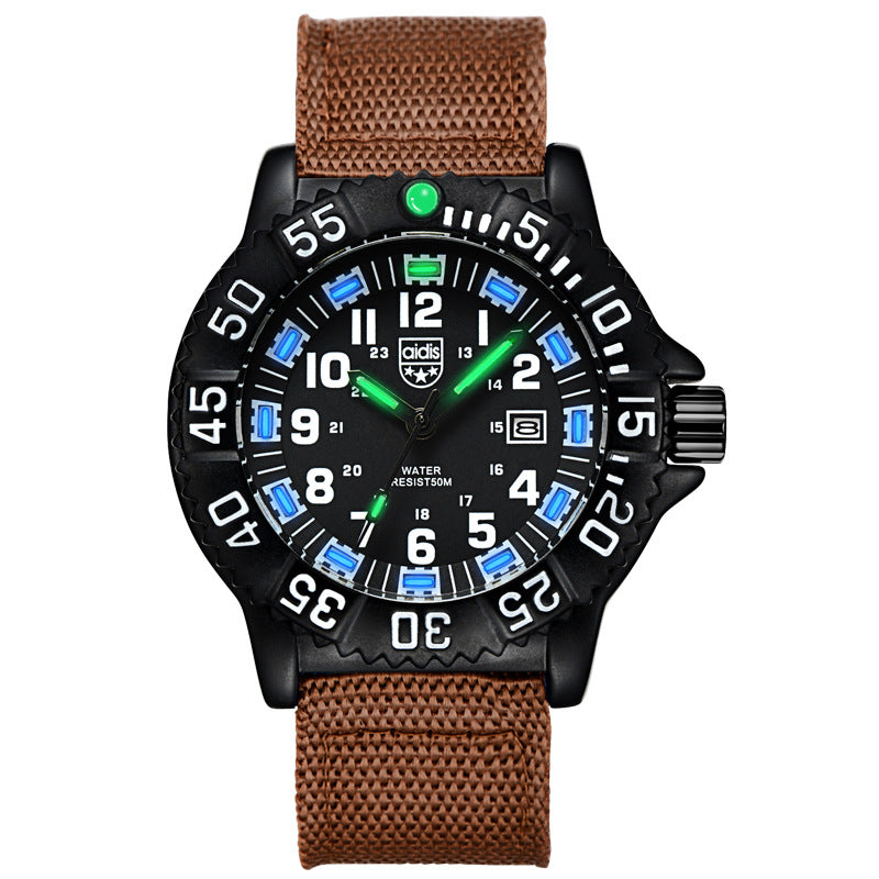 Luminous Outdoor Sports Watch featuring a canvas strap, round dial, and stainless steel pin buckle, designed for outdoor activities.