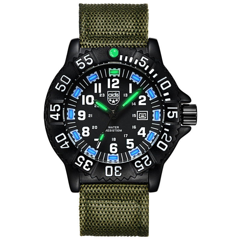 Luminous Outdoor Sports Watch featuring a canvas strap, round dial, and stainless steel pin buckle, designed for outdoor activities.