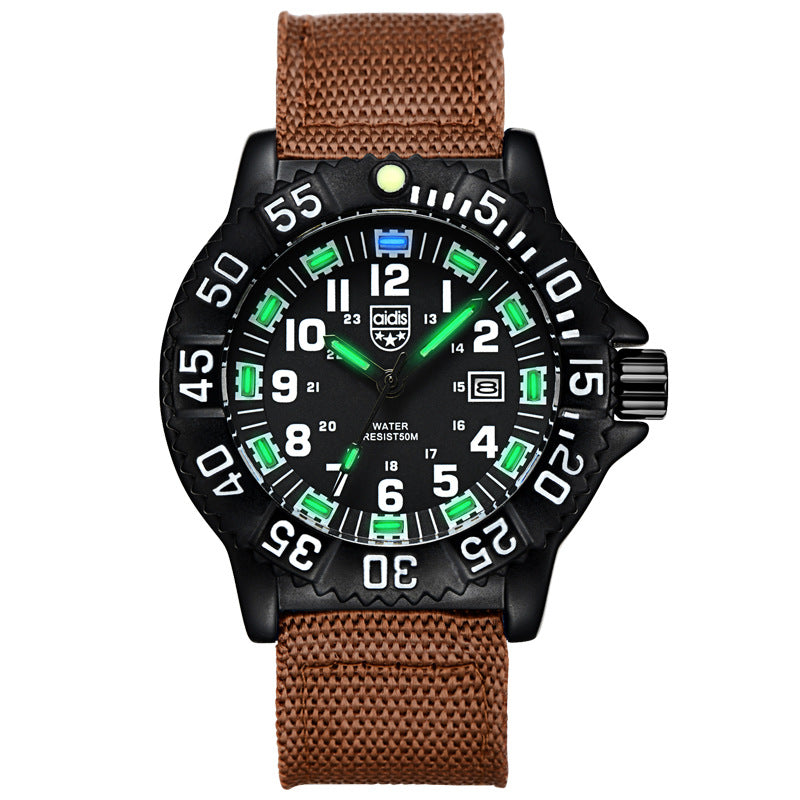 Luminous Outdoor Sports Watch featuring a canvas strap, round dial, and stainless steel pin buckle, designed for outdoor activities.