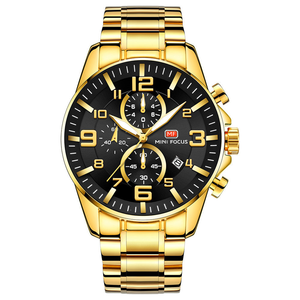 Luminous Waterproof Steel Belt Men's Quartz Watch with a sleek design and luminous dial, showcasing its features and stylish steel belt.