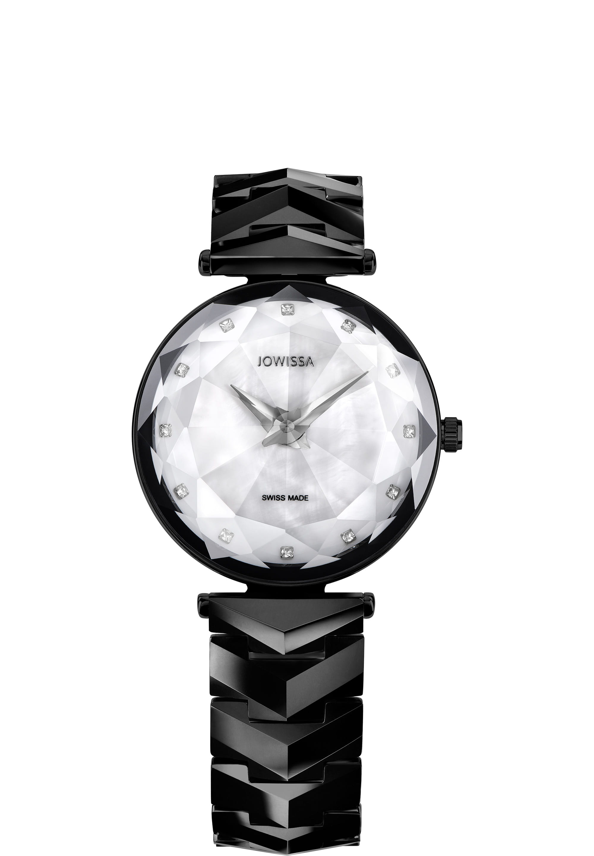 Magic Sapphire Swiss Ladies Watch J1.806.M featuring a black ceramic bracelet and mother-of-pearl dial with rhinestone indices.