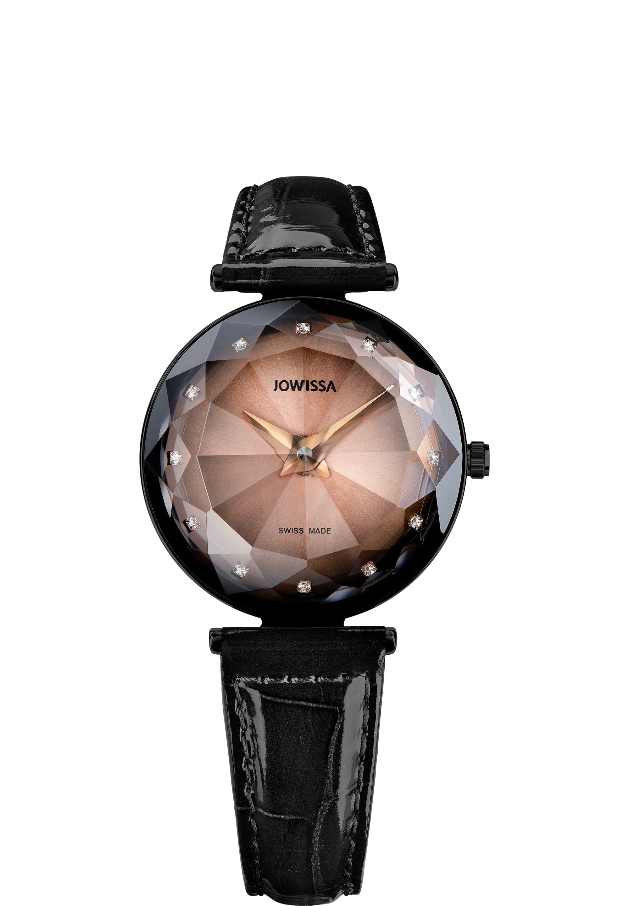 Magic Sapphire Swiss Ladies Watch J1.814.M featuring a rose-gold and black design with a leather strap and rhinestone hour markers.