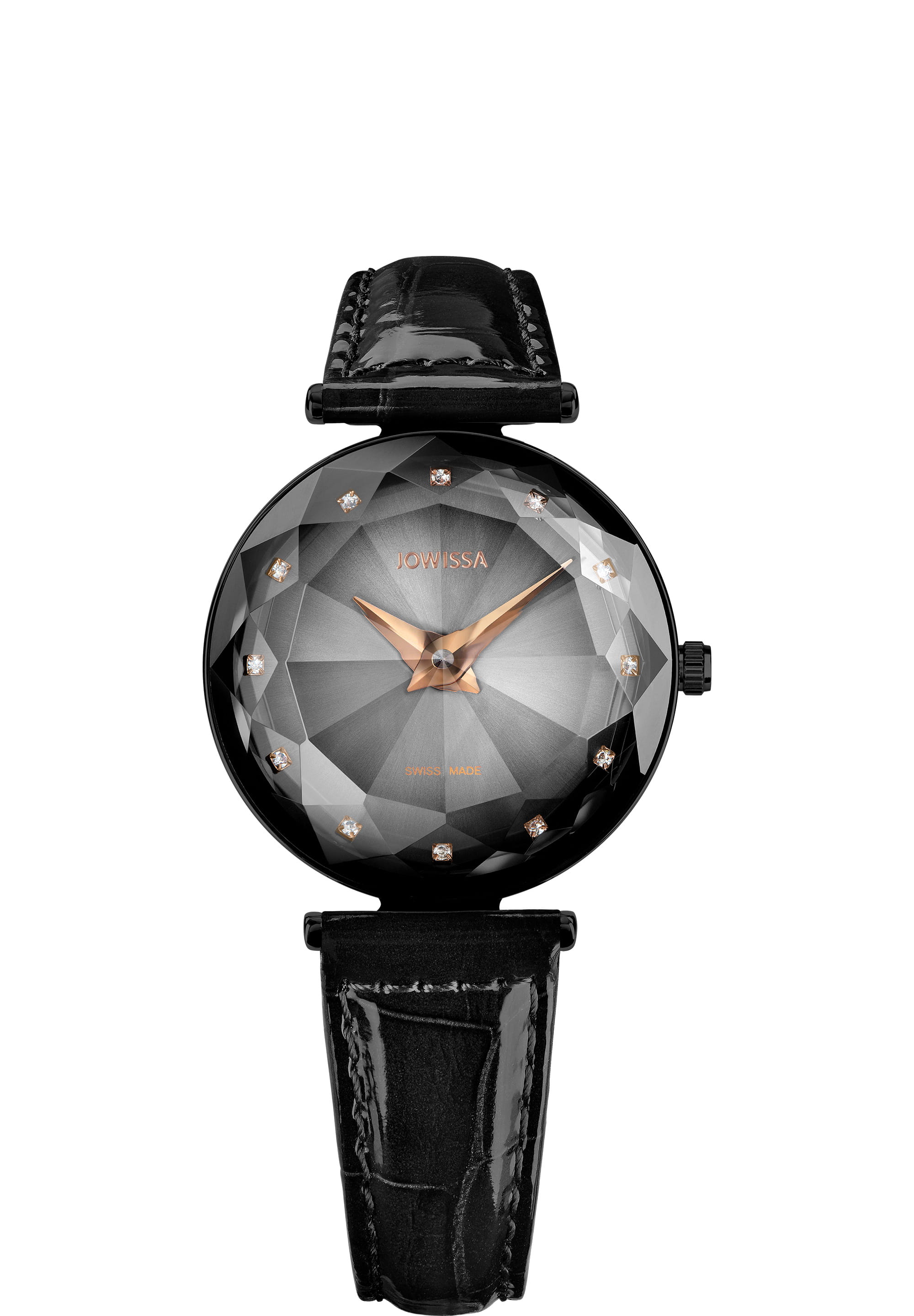 Magic Sapphire Swiss Ladies Watch J1.815.M featuring a grey degradé dial, black leather strap, and sparkling rhinestones.