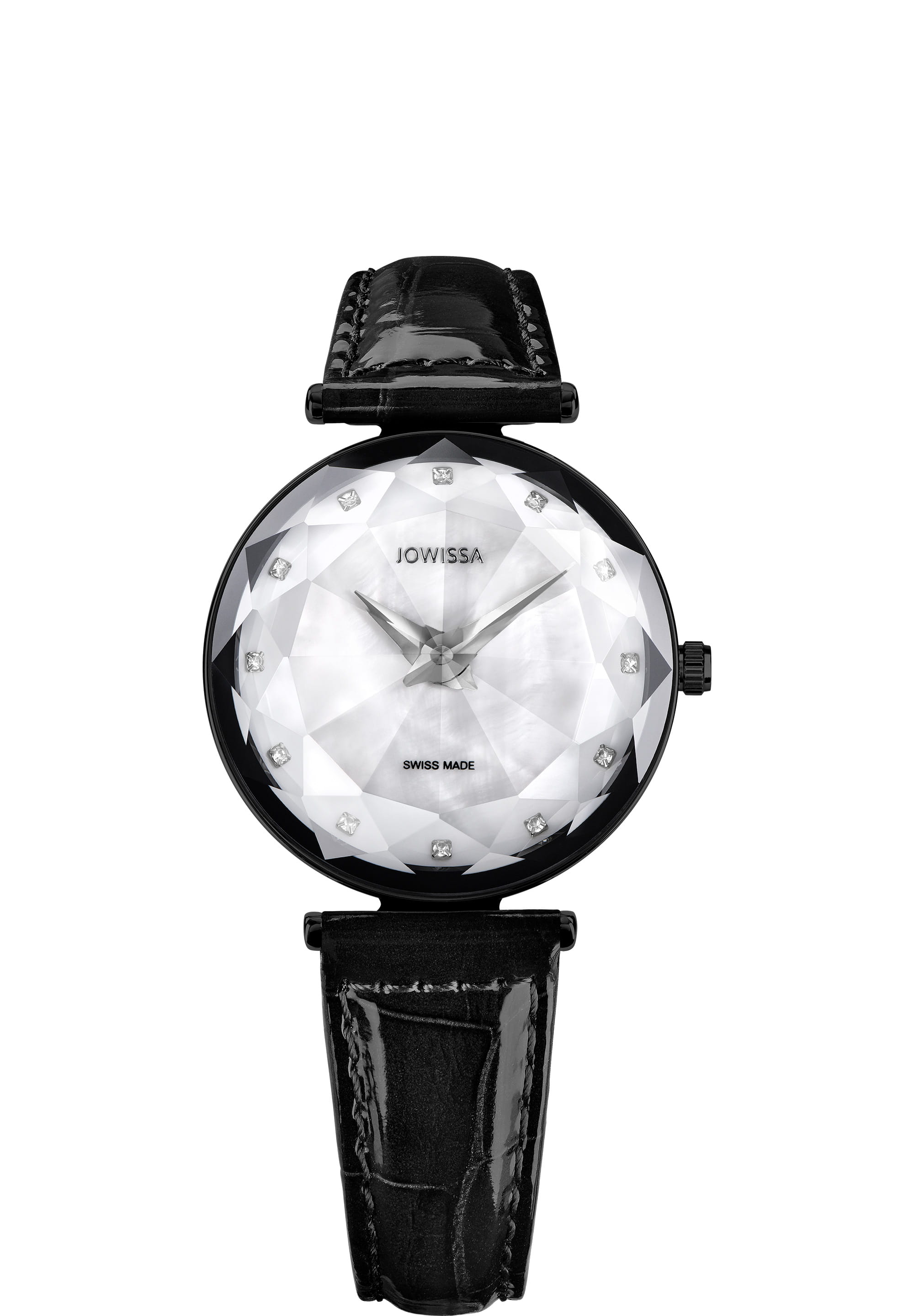 Magic Sapphire Swiss Ladies Watch J1.819.M featuring a black leather strap, white mother-of-pearl dial, and sparkling rhinestones.