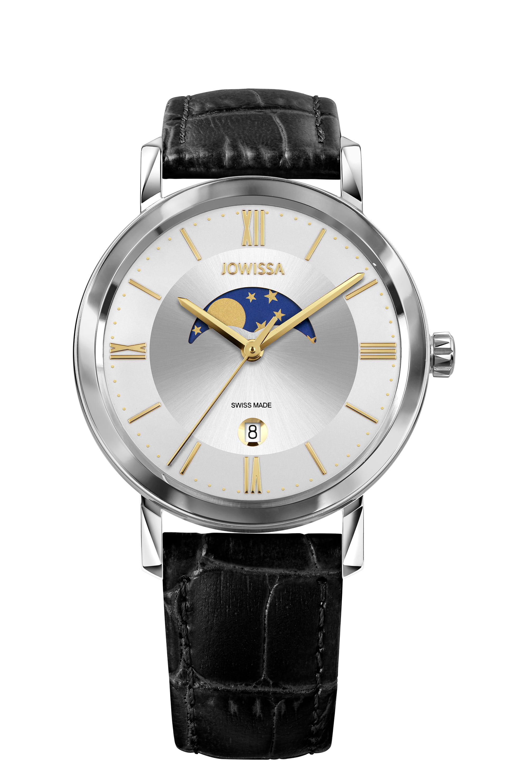 Magno Swiss Men's Watch J4.272.L featuring a grey sunray dial, blue and golden moon phase display, and black crocodile leather strap.