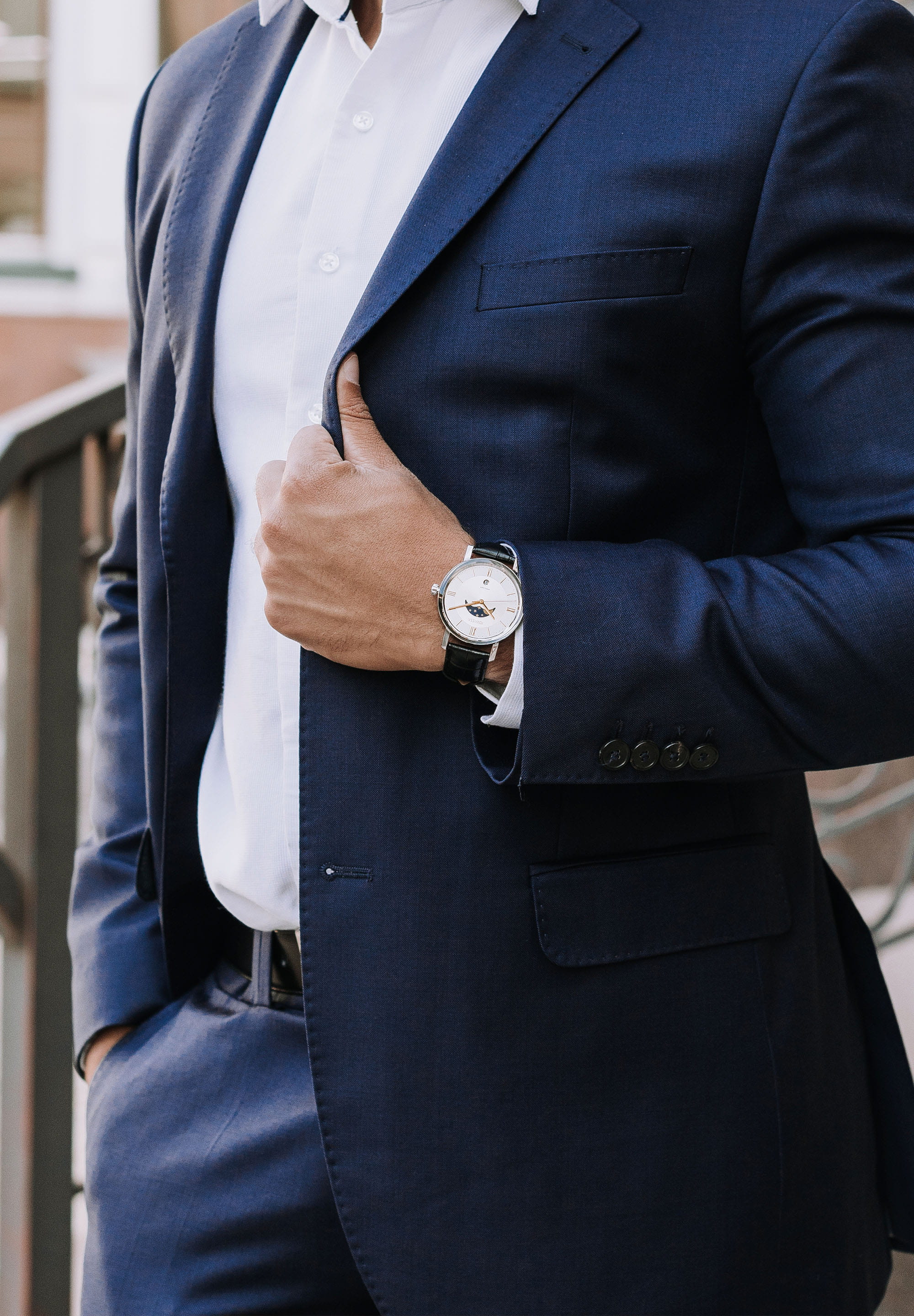 Magno Swiss Men's Watch J4.272.L featuring a grey sunray dial, blue and golden moon phase display, and black crocodile leather strap.