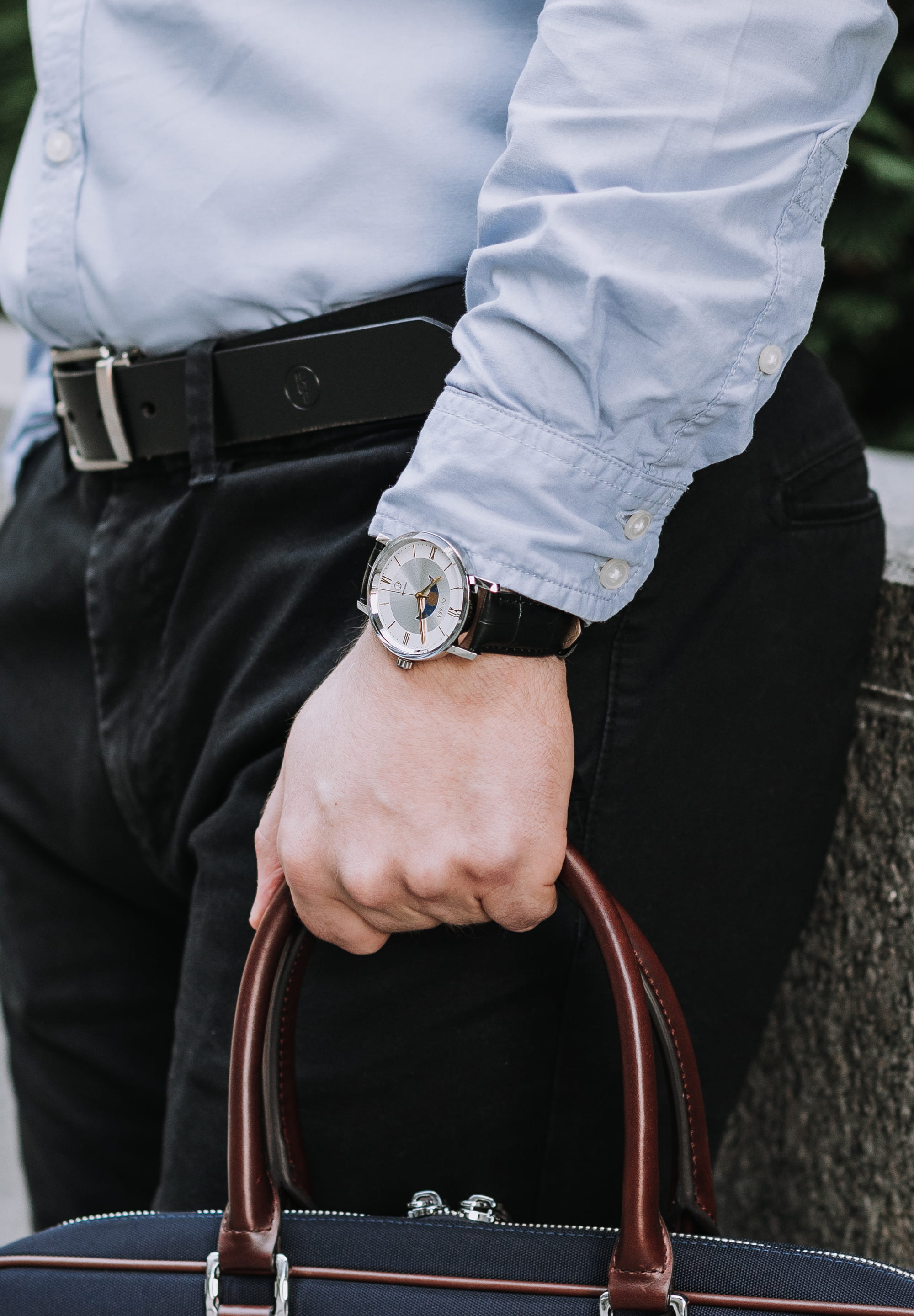 Magno Swiss Men's Watch J4.272.L featuring a grey sunray dial, blue and golden moon phase display, and black crocodile leather strap.