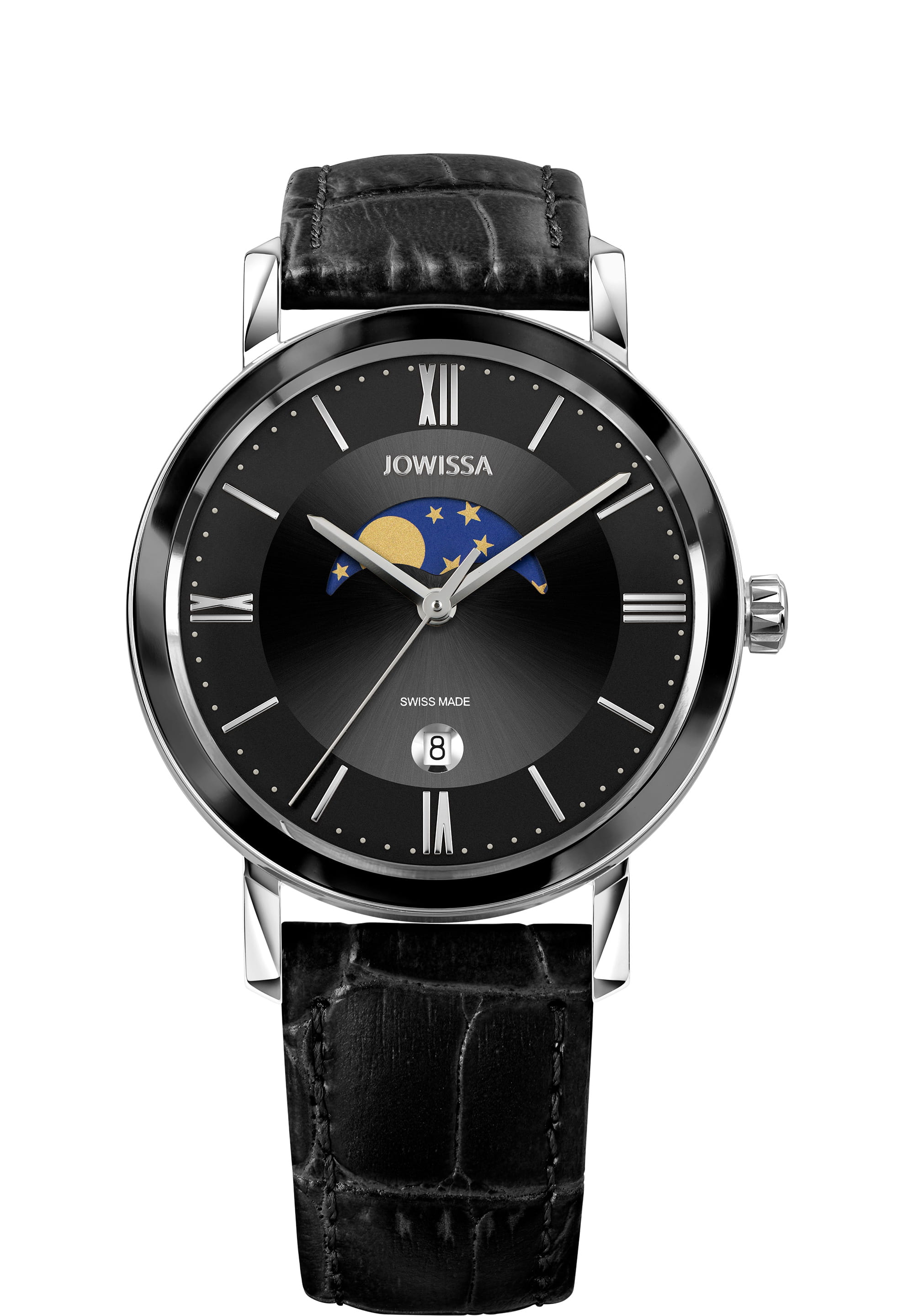 Magno Swiss Men's Watch J4.273.L featuring a black sunray dial, moon phase display, and black crocodile leather strap.