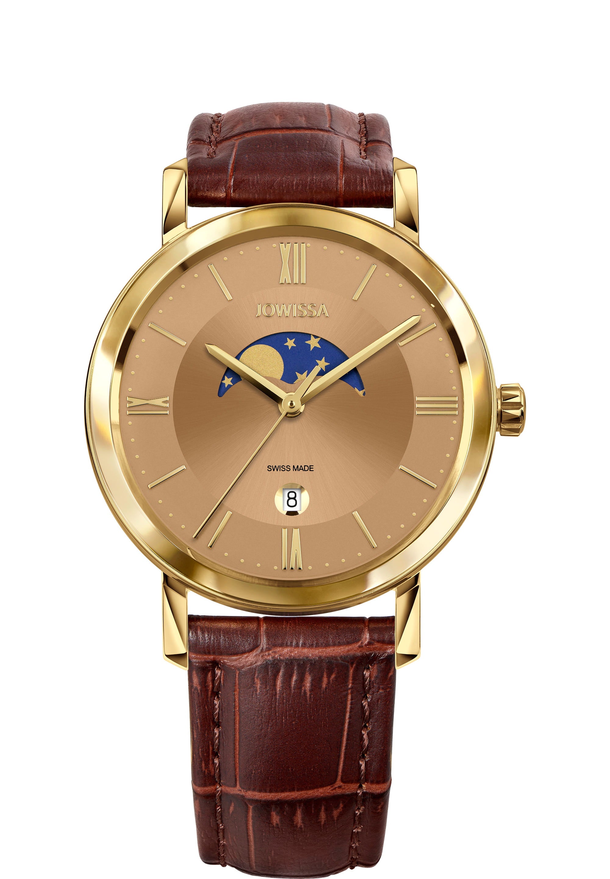 Magno Swiss Men's Watch J4.274.L featuring a gold dial, blue moon phase display, and brown alligator-embossed leather strap.