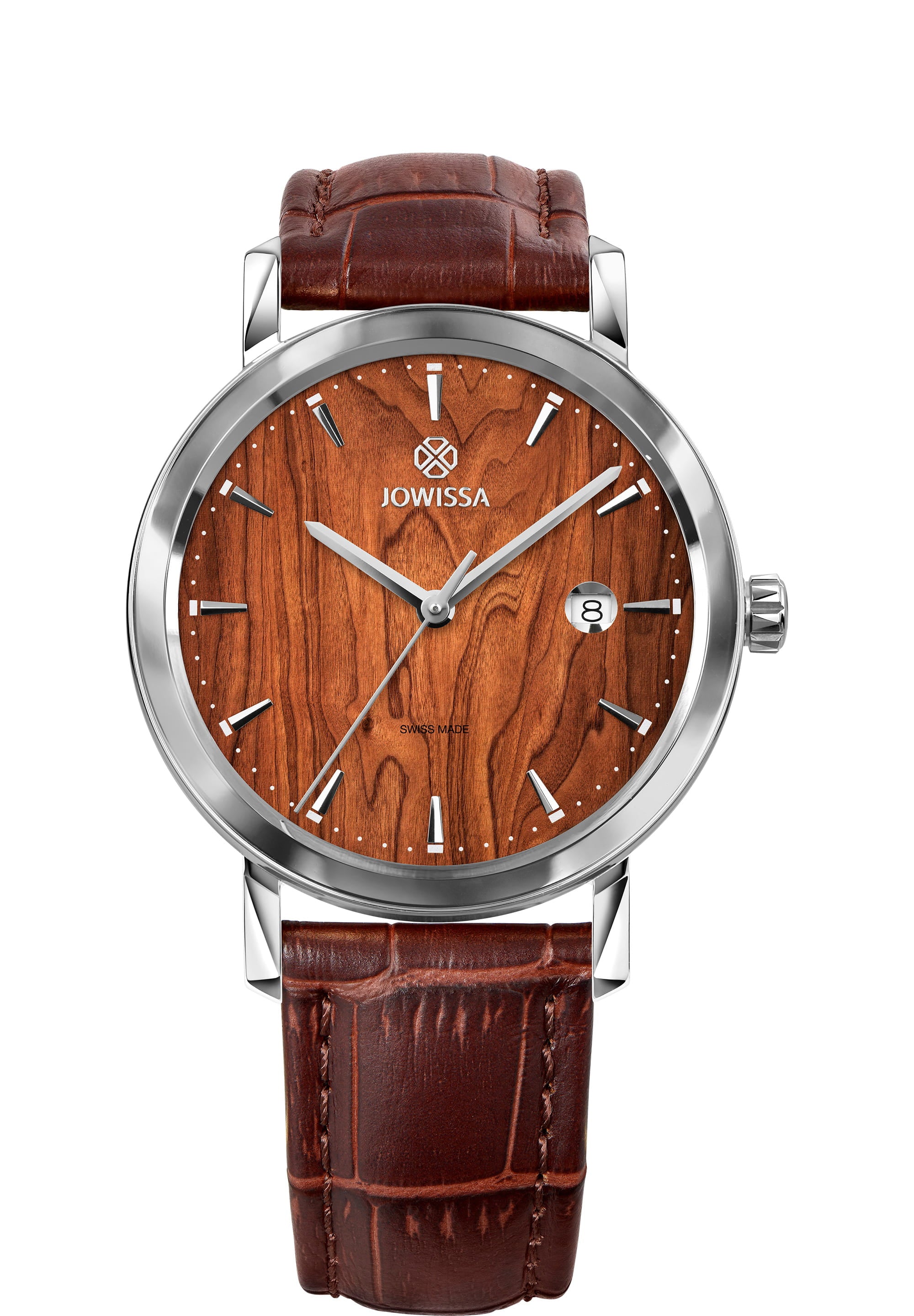 Magno Swiss Men's Watch J4.277.L featuring a brown wood-effect dial, silver indices, and a brown alligator-embossed leather strap.