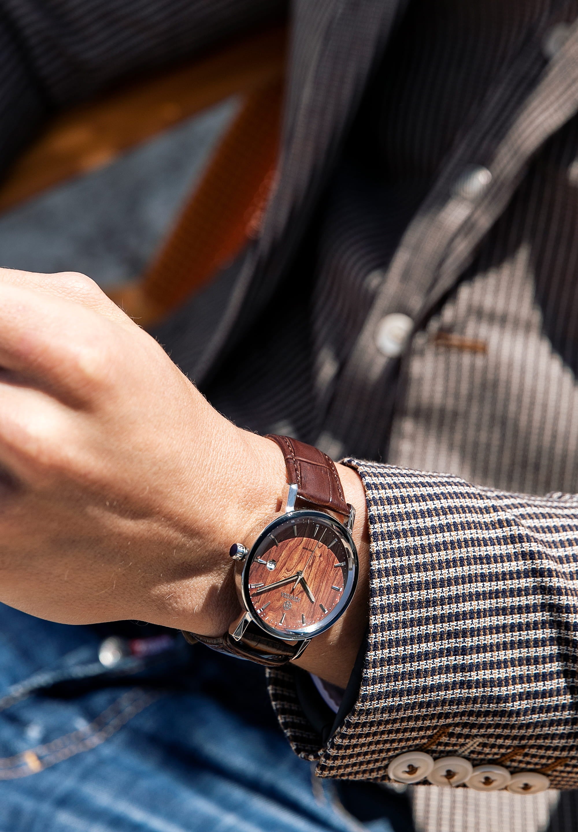 Magno Swiss Men's Watch J4.277.L featuring a brown wood-effect dial, silver indices, and a brown alligator-embossed leather strap.