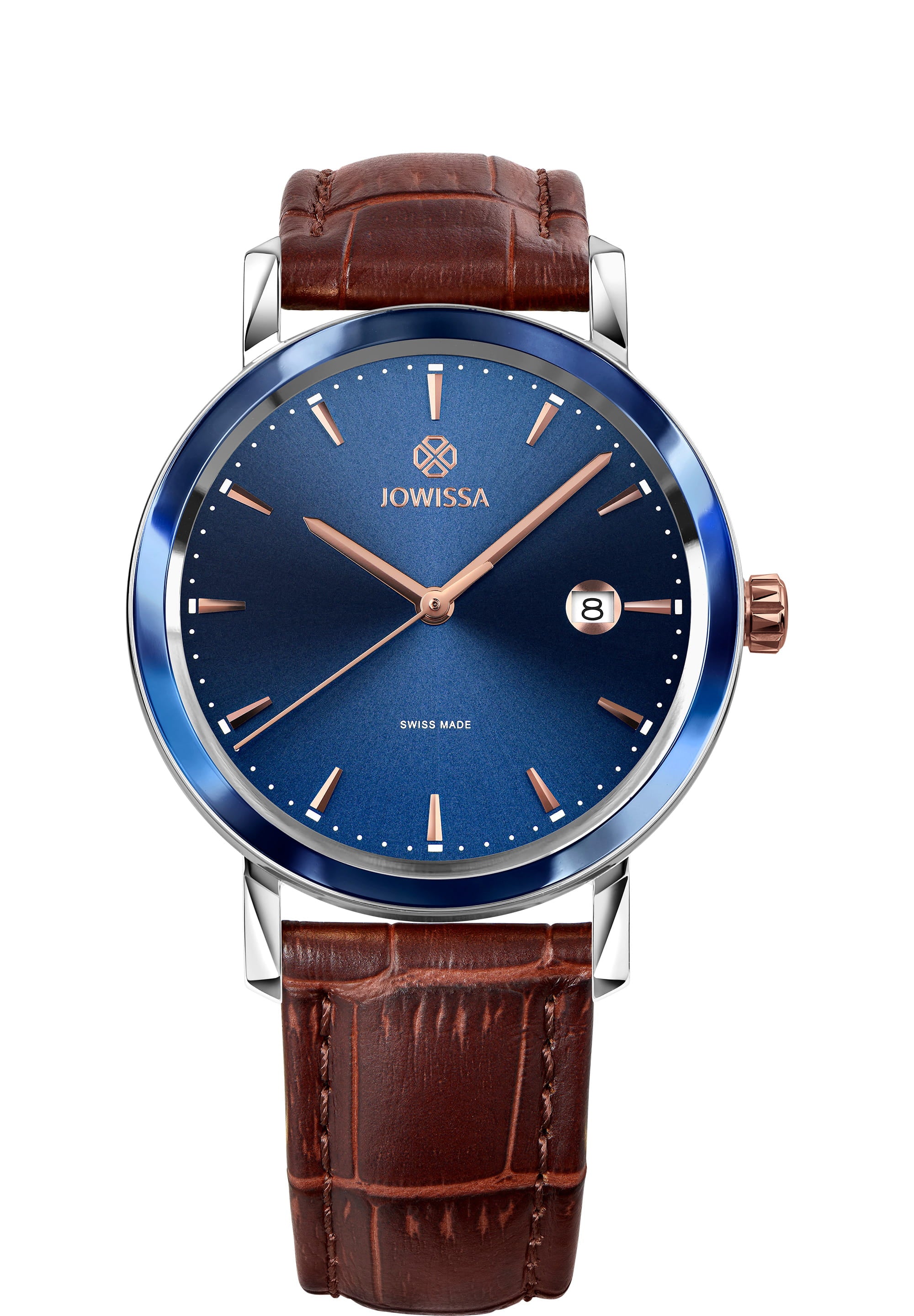 Magno Swiss Men's Watch J4.538.L featuring a blue sunray dial, rose gold indexes, and a brown leather alligator strap.