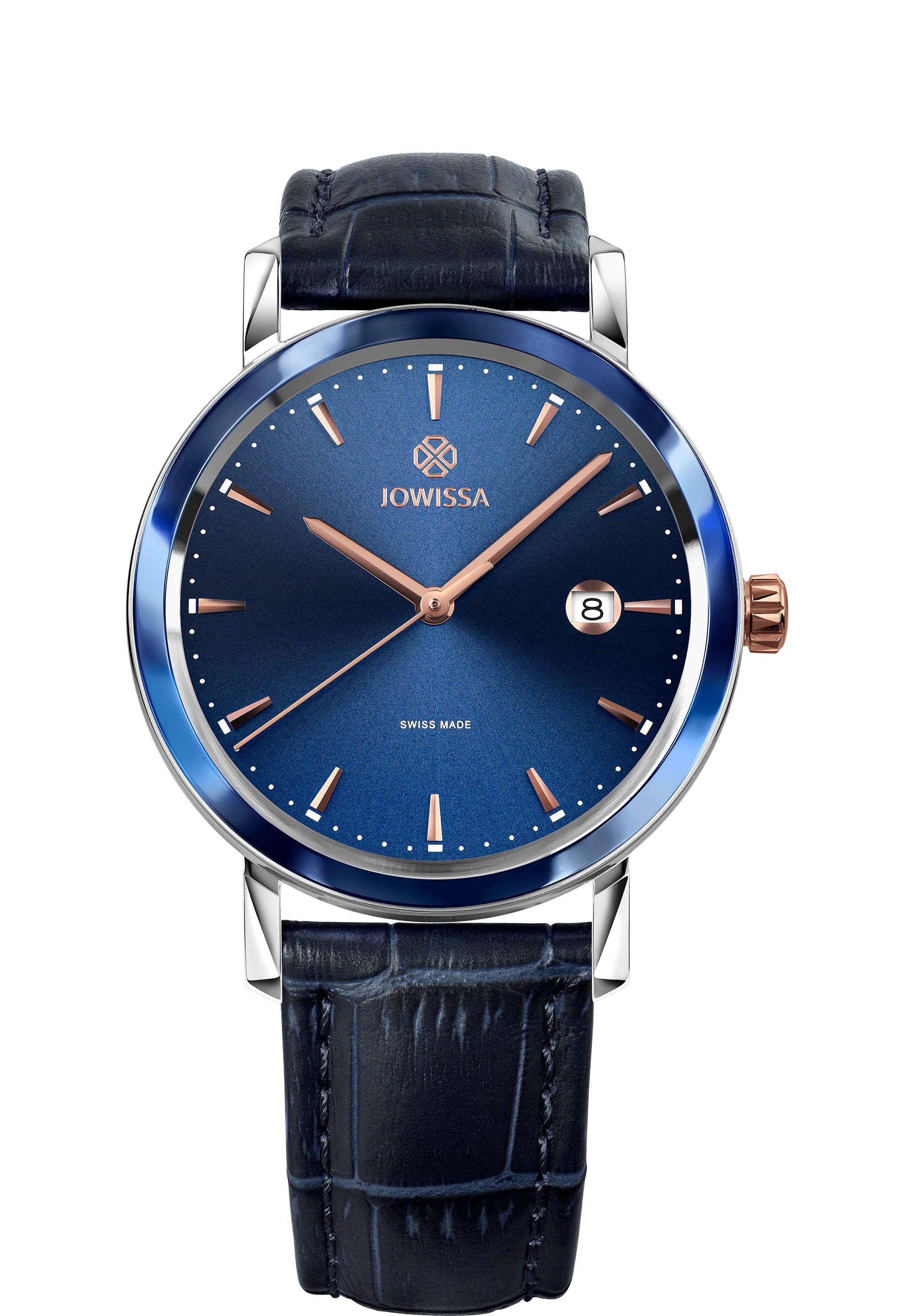 Magno Swiss Men's Watch J4.539.L featuring a blue leather strap, rose gold indexes, and a classic blue dial.