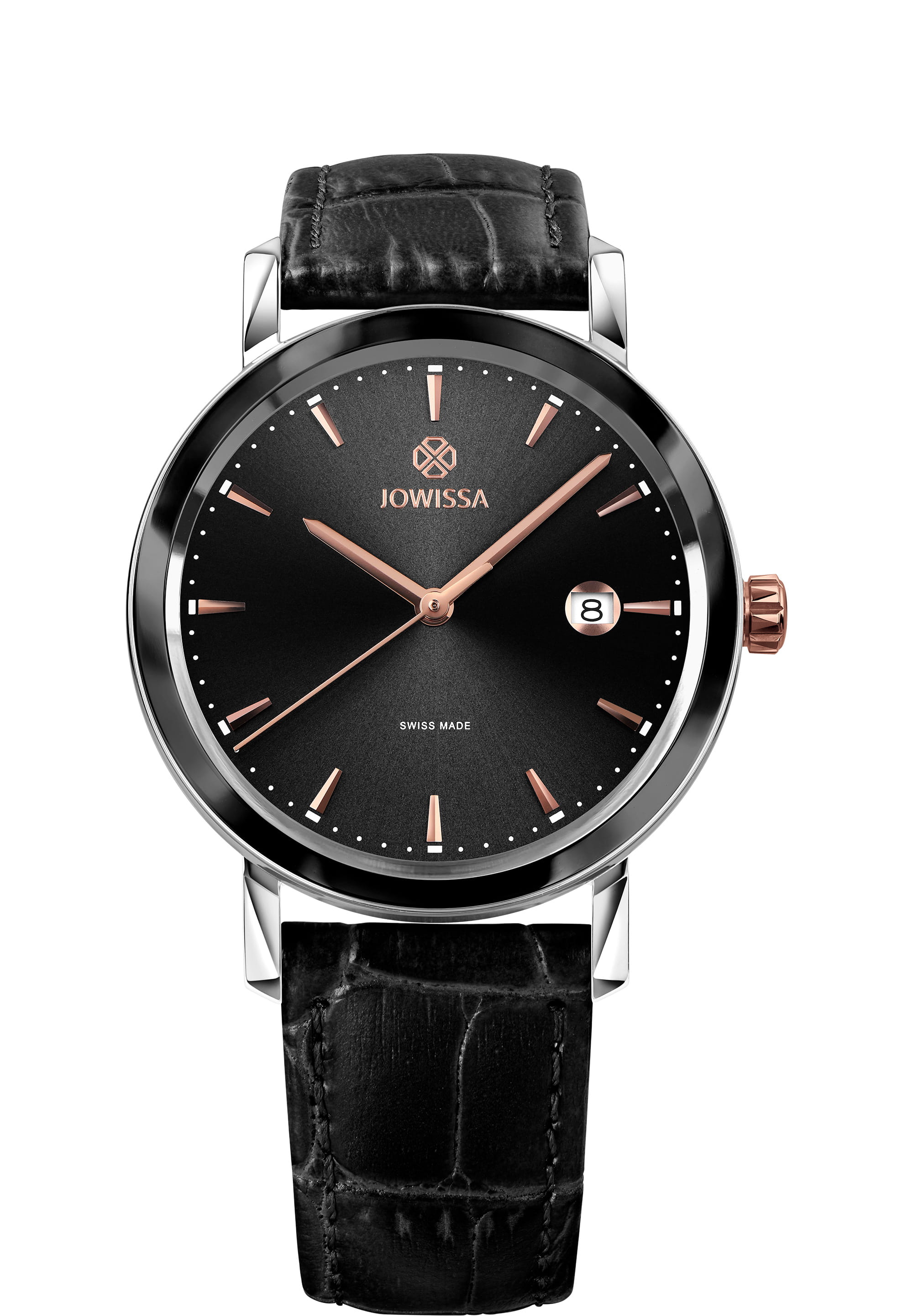 Magno Swiss Men's Watch J4.540.L featuring a black leather strap, rose gold indexes, and a black sunray dial.