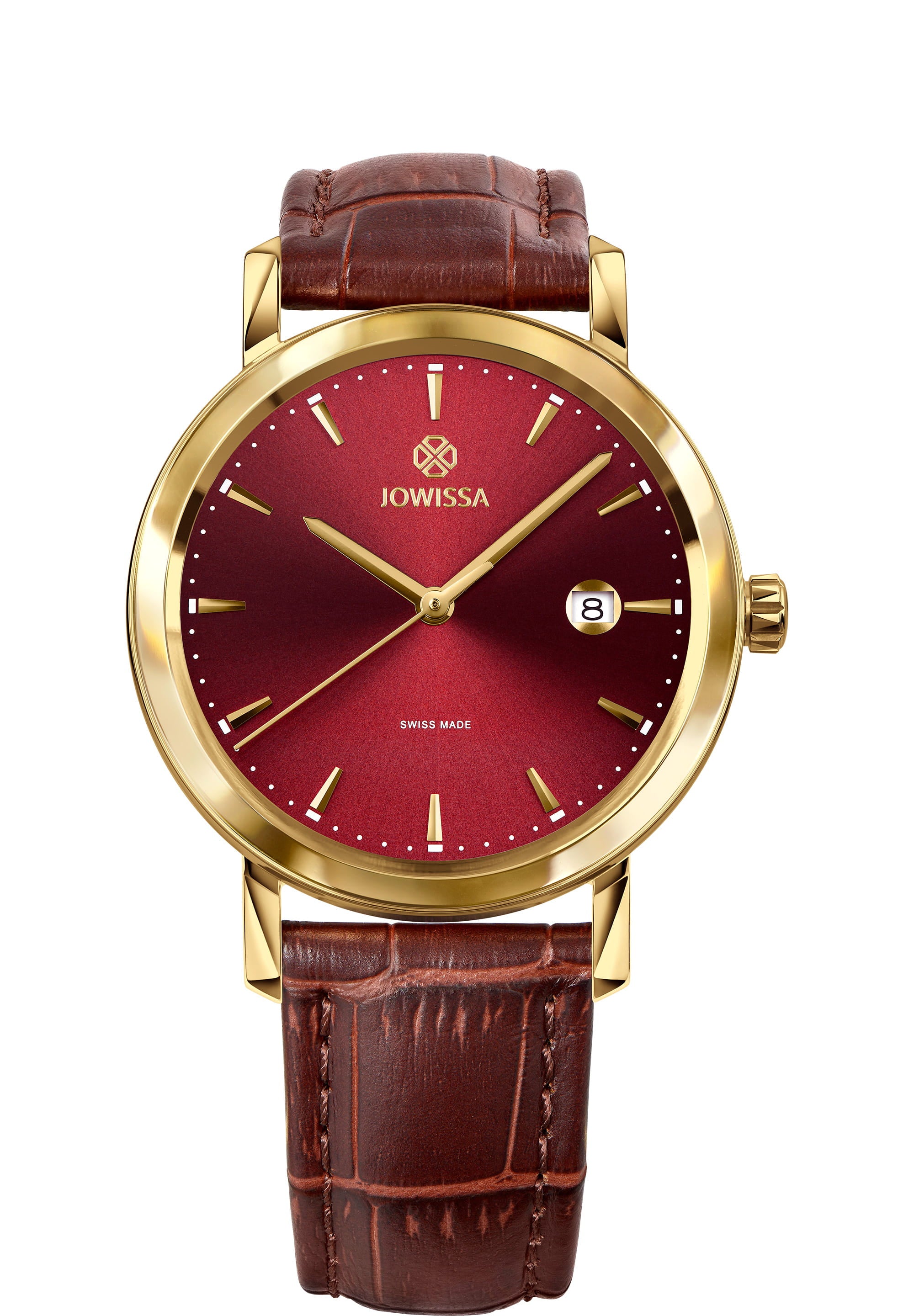 Magno Swiss Men's Watch J4.541.L featuring a burgundy sunray dial, gold-tone markers, and a premium leather strap.