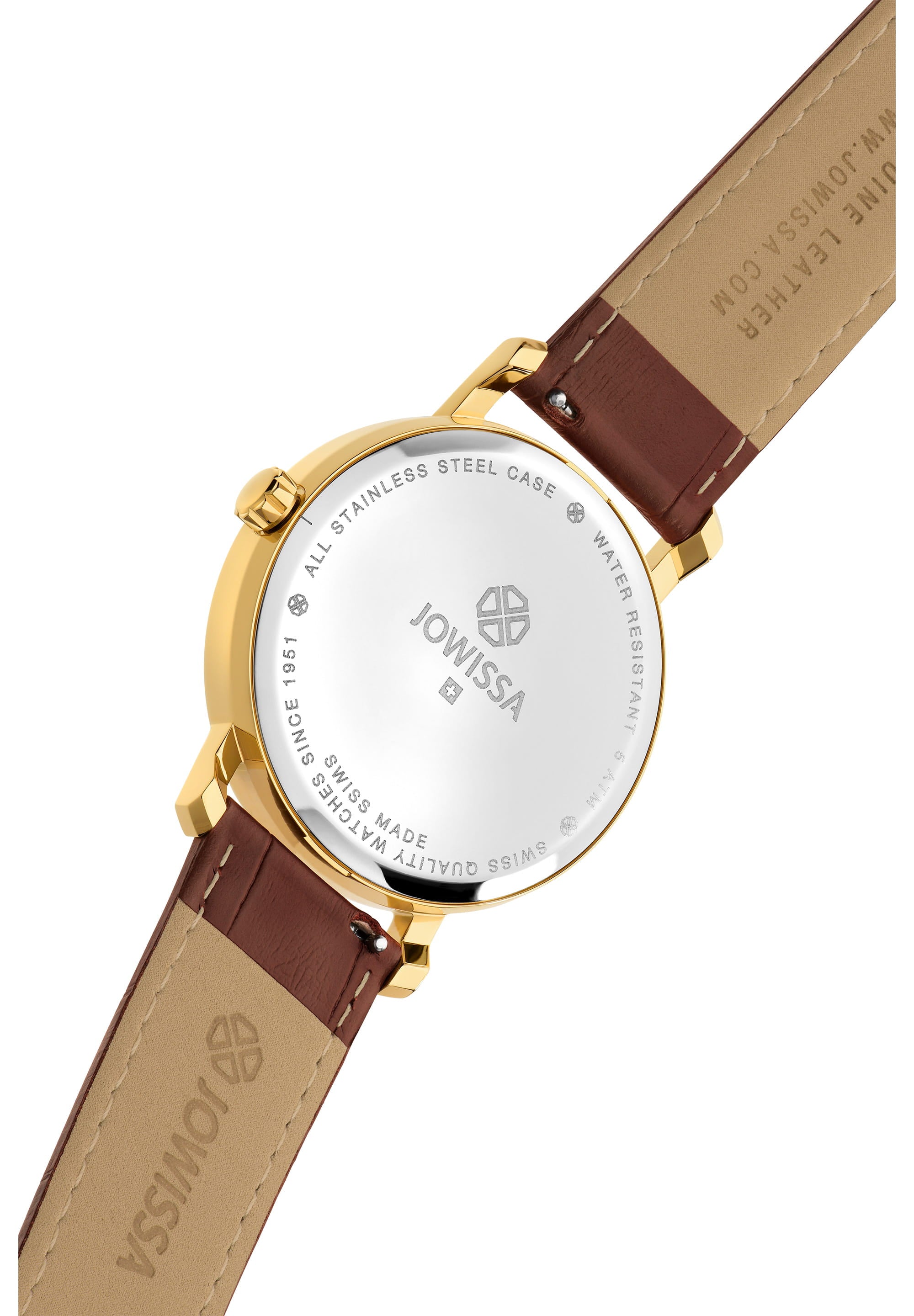 Magno Swiss Men's Watch J4.541.L featuring a burgundy sunray dial, gold-tone markers, and a premium leather strap.