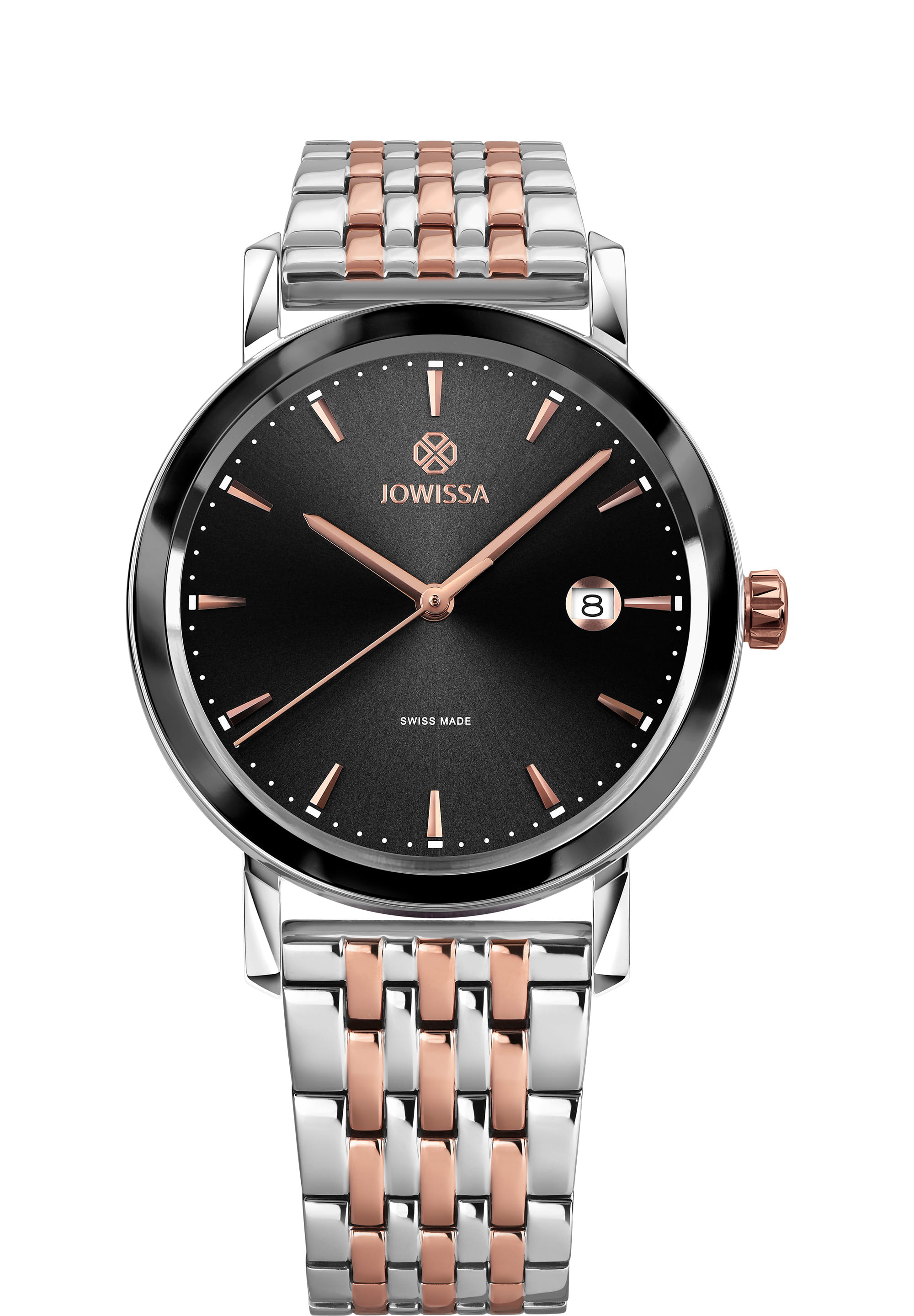 Magno Swiss Men's Watch J4.545.L featuring a black sunray dial, rose gold details, and a stainless steel bracelet.