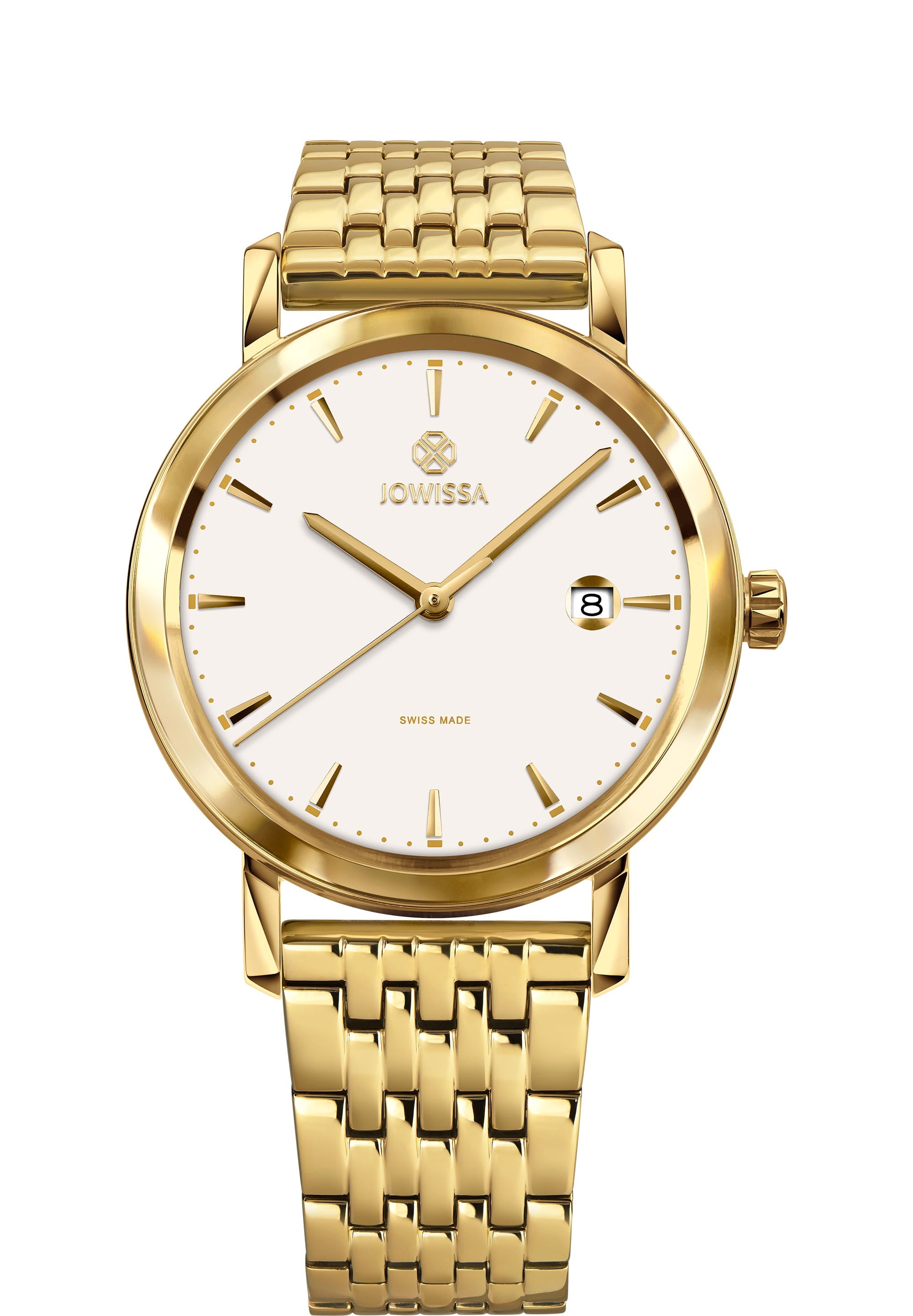 Magno Swiss Men's Watch J4.546.L featuring a gold bracelet and white dial with gold hands and indexes.