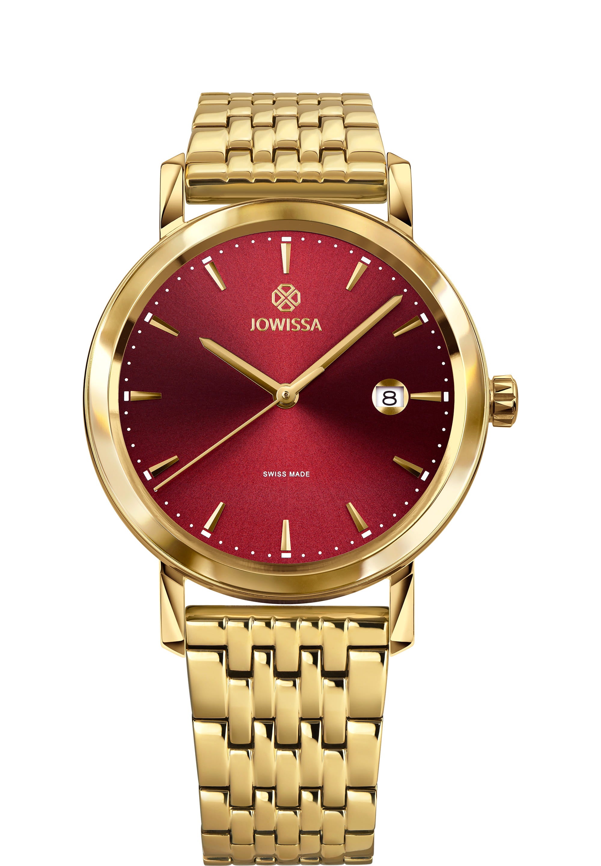 Magno Swiss Men's Watch J4.544.L featuring a burgundy dial and gold accents on a stainless steel bracelet.