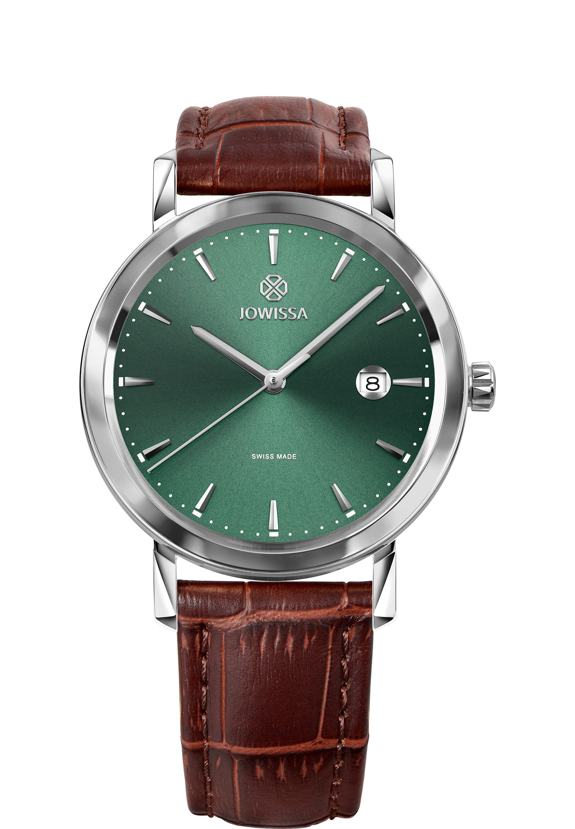 Magno Swiss Men's Watch J4.568.L featuring a pale green dial, stainless steel case, and brown leather strap.