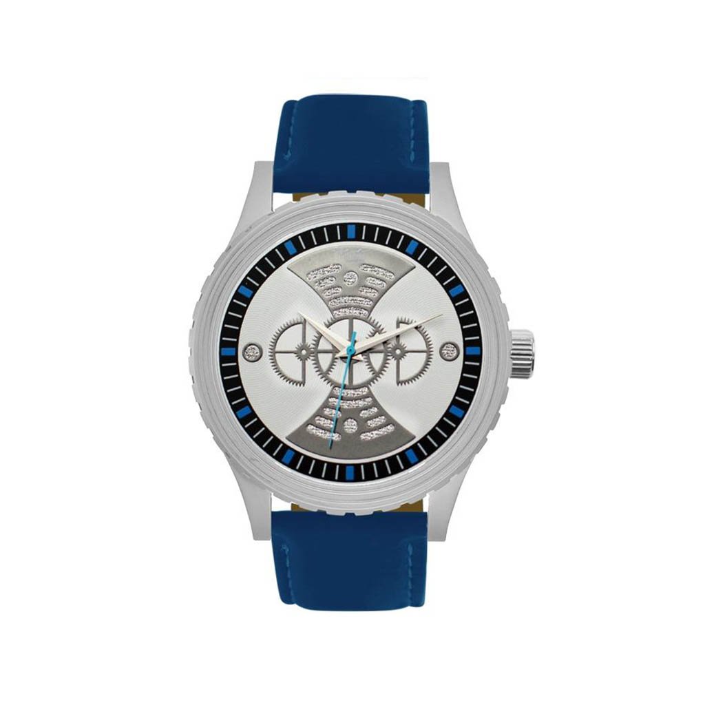 M Milano Expressions Blue Vegan Leather Band Watch featuring a silver case and silver dial with blue accents, showcasing its elegant design.