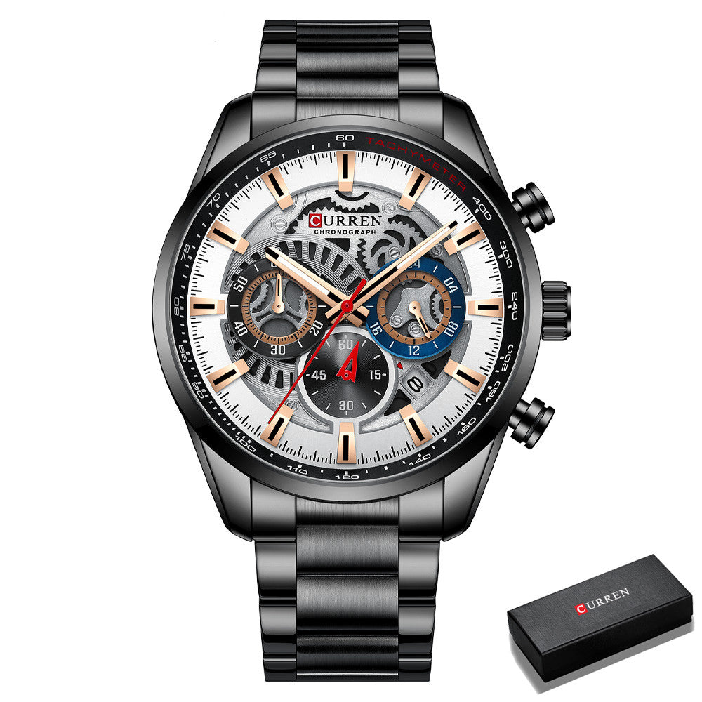 Men's Business Steel Band Multifunctional Quartz Watch featuring a stainless steel strap and elegant alloy case.