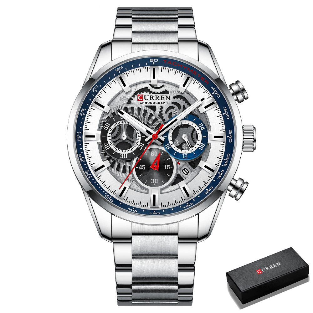 Men's Business Steel Band Multifunctional Quartz Watch featuring a stainless steel strap and elegant alloy case.