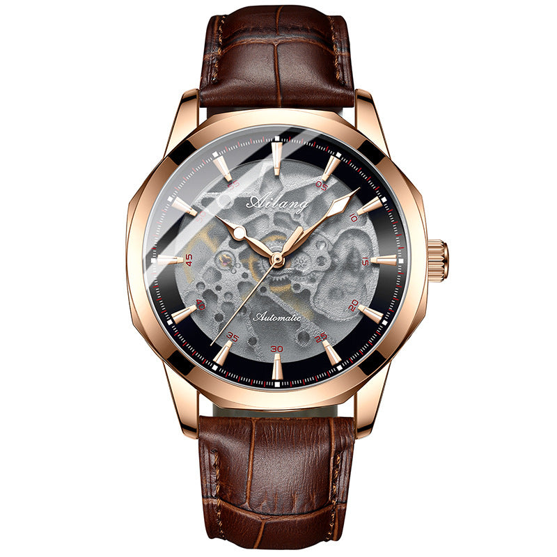 Men's Casual Automatic Hollow Mechanical Watch featuring a stylish hollow design, leather strap, and mineral strengthened glass mirror.