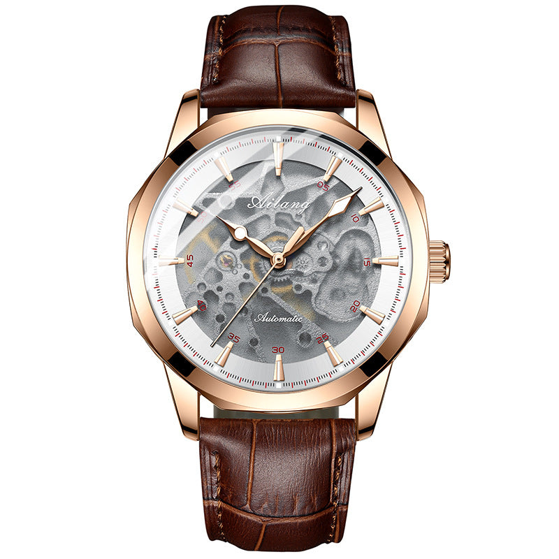 Men's Casual Automatic Hollow Mechanical Watch featuring a stylish hollow design, leather strap, and mineral strengthened glass mirror.